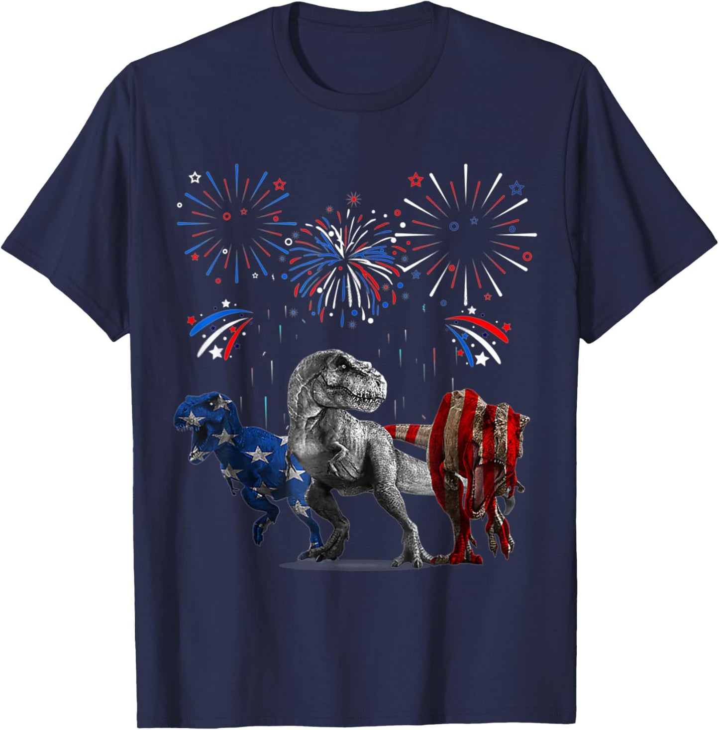 Red White Blue T Rex Dinosaur Firework 4th Of July Kids Men T-Shirt - T-Shirt | Navy