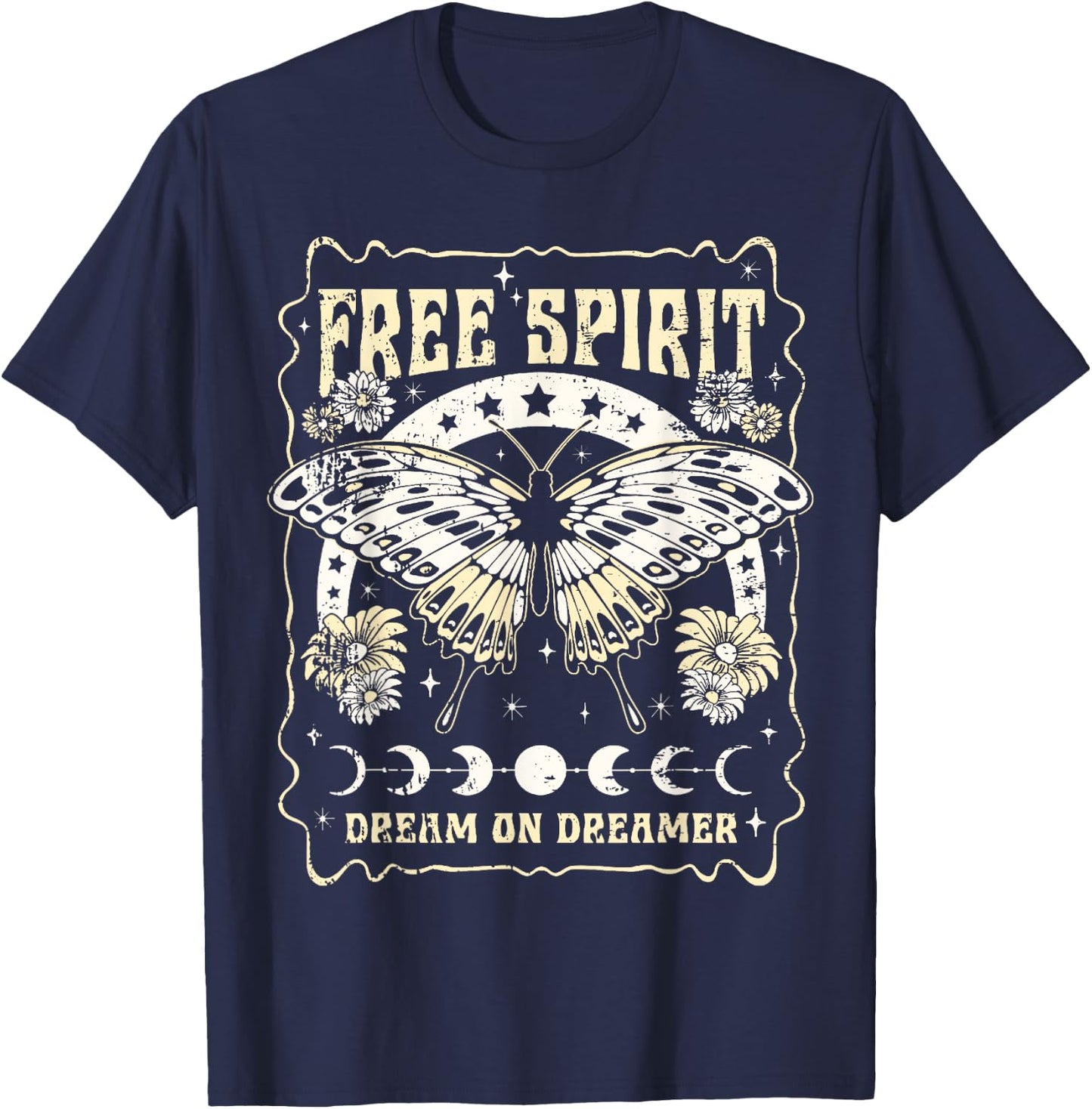 Vintage Retro Free Spirit Dream on Dreamer Butterfly T-Shirt - T-Shirt | Navy