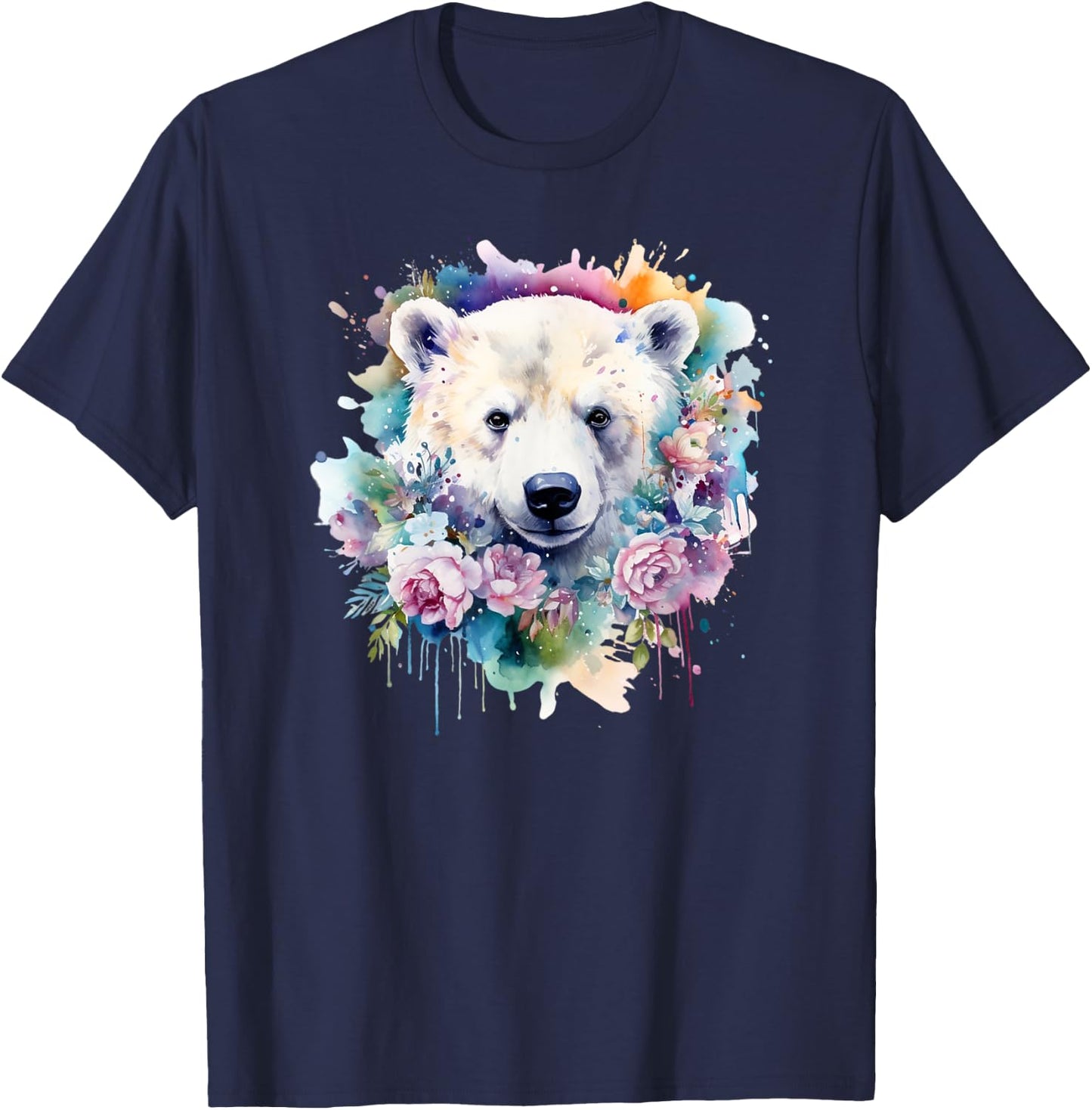 Polar Bear Floral Watercolor Animal Cute Polar Bear Face T-Shirt - T-Shirt | Navy