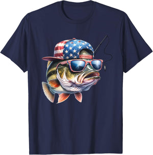 Funny Fishing & Fisherman Gift American Flag T-Shirt - T-Shirt | Navy