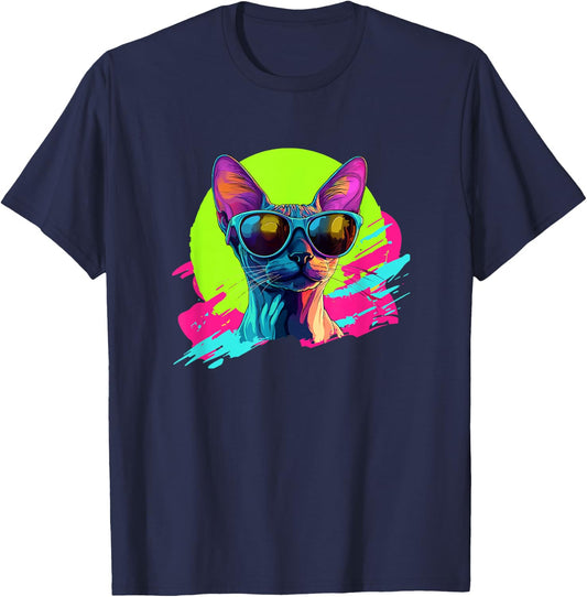 Funny Retro Vintage 80s Sunglasses Hairless Sphinx Cat Lover T-Shirt - T-Shirt | Navy