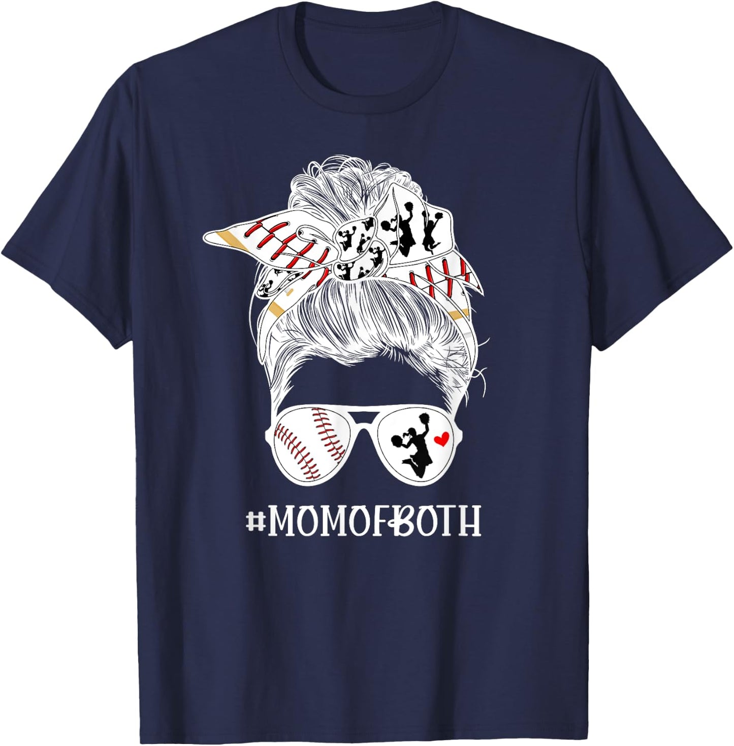 Mom Of Both Messy Bun Cheerleader & Baseball Player Mom T-Shirt - T-Shirt | Navy