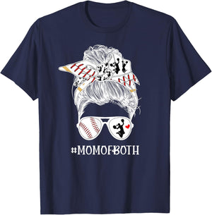 Mom Of Both Messy Bun Cheerleader & Baseball Player Mom T-Shirt - T-Shirt | Navy