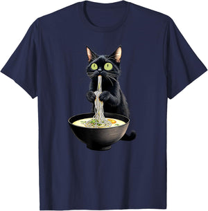 Black Cat Eating Ramen Noodles Japanese Food T-Shirt - T-Shirt | Navy