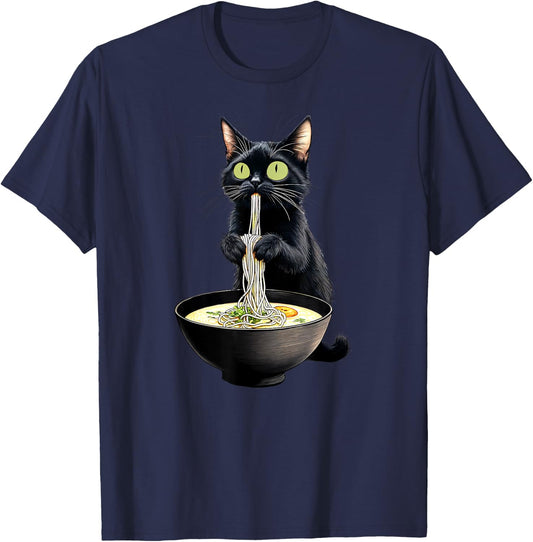 Black Cat Eating Ramen Noodles Japanese Food T-Shirt - T-Shirt | Navy