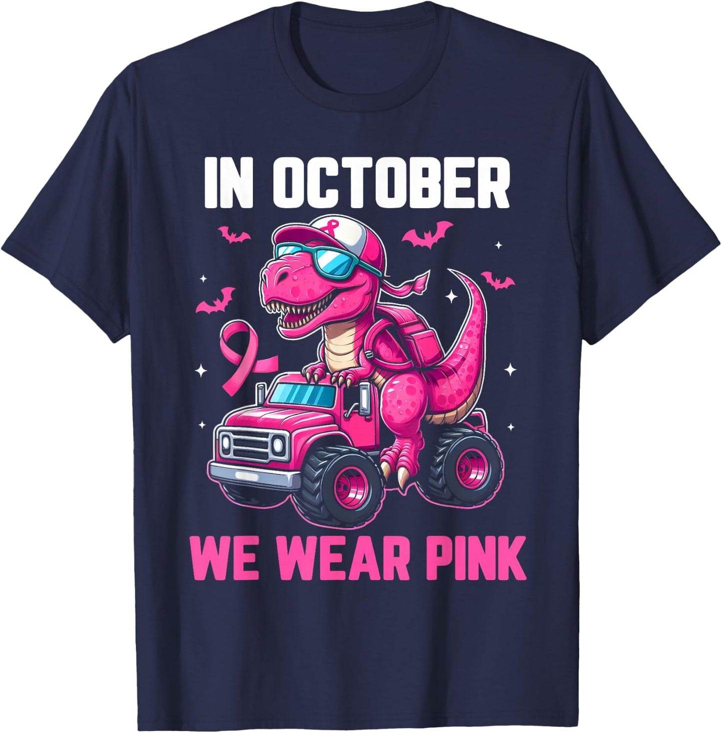 In October We Wear Pink Dino Trex Boys Toddler Breast Cancer T-Shirt - T-Shirt | Navy