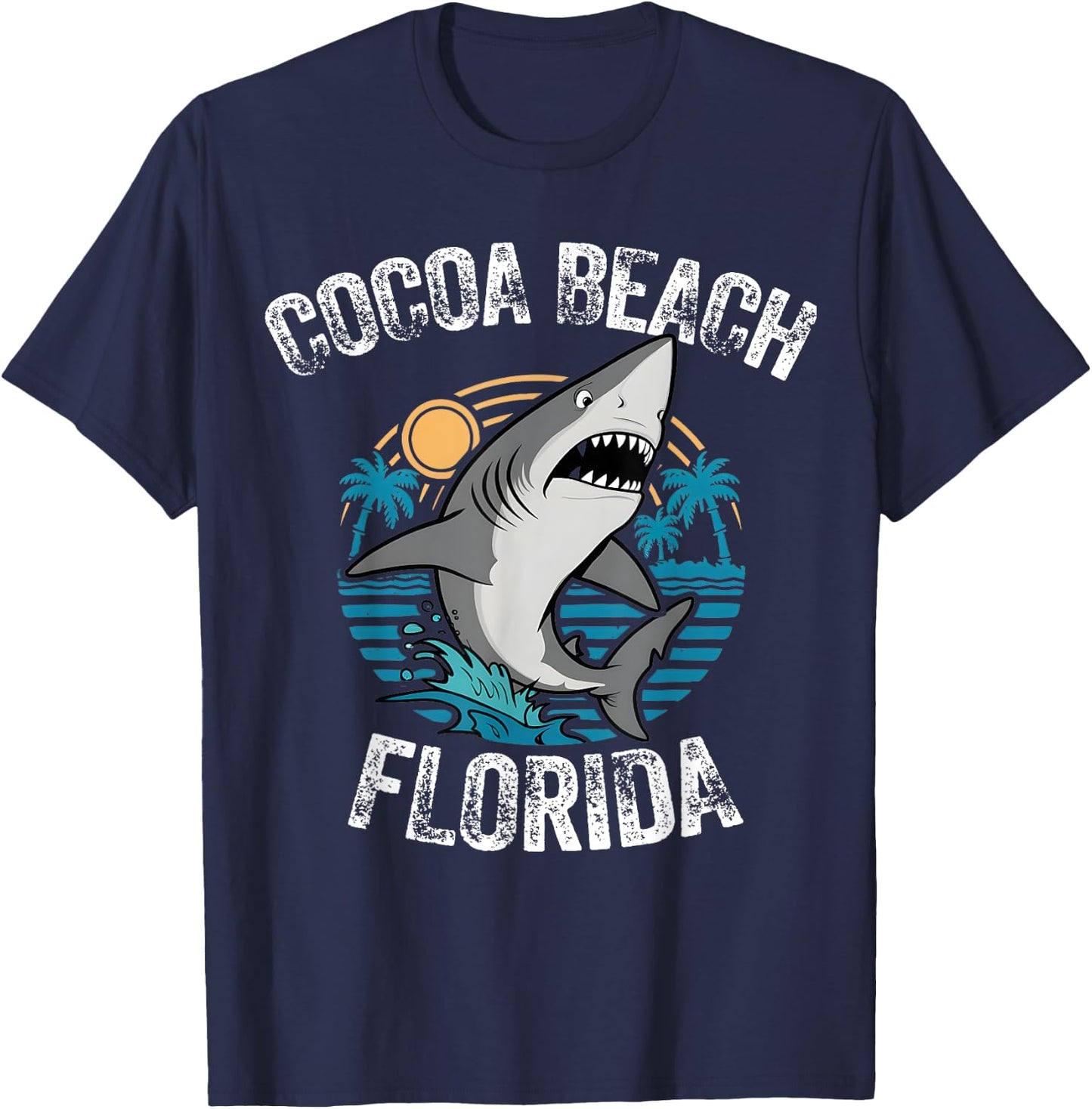 Cocoa Beach Florida Shark Palm Tree Beach Family Vacation T-Shirt - T-Shirt | Navy