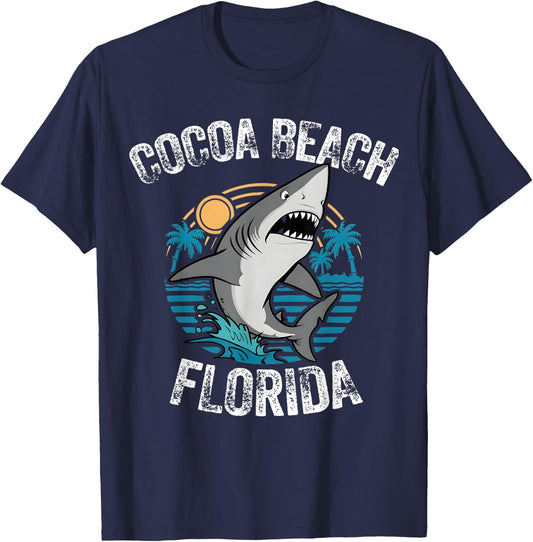 Cocoa Beach Florida Shark Palm Tree Beach Family Vacation T-Shirt - T-Shirt | Navy