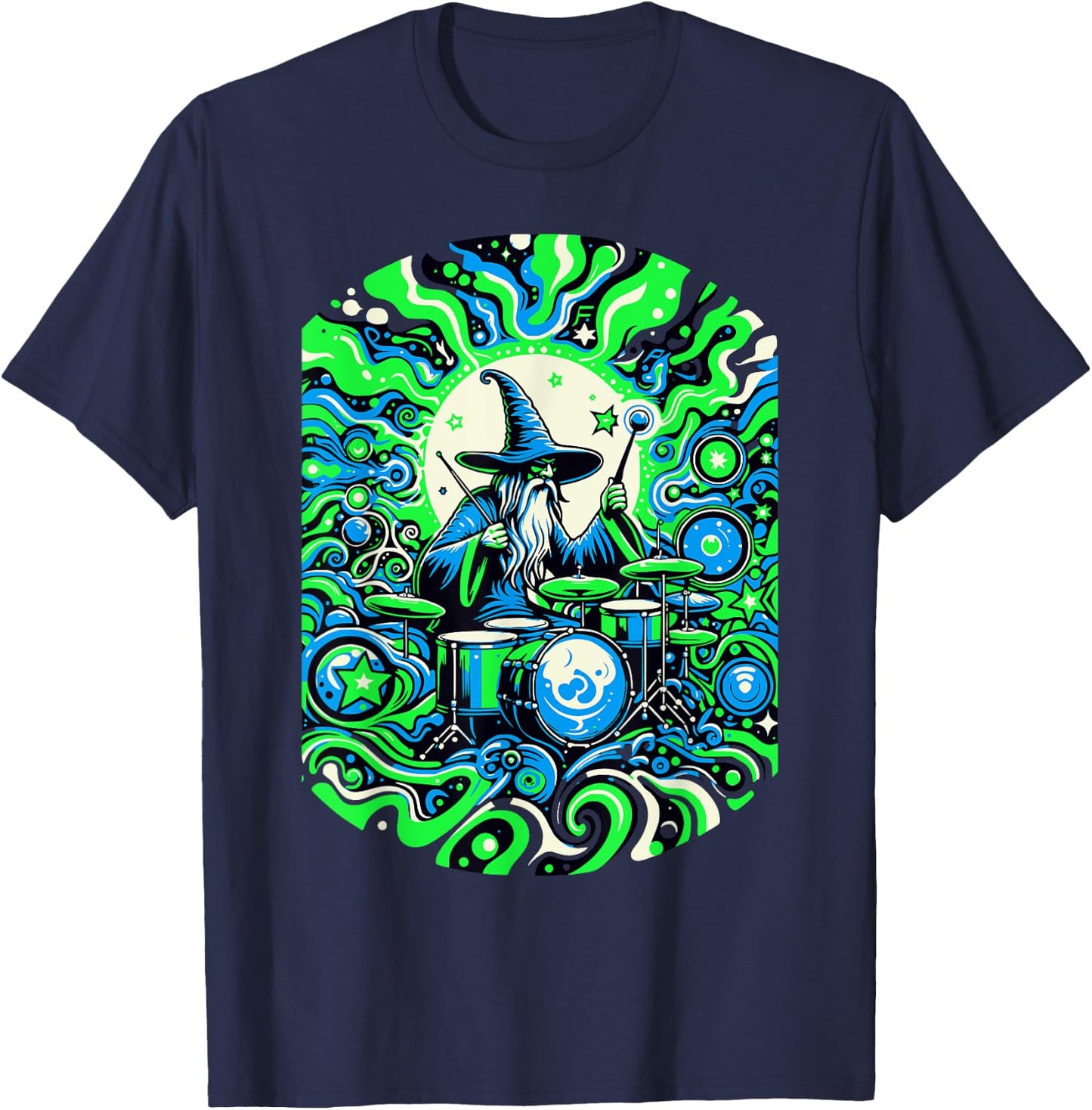 Psychedelic Trippy Rave Colourful Wizard on Drums T-Shirt - T-Shirt | Navy