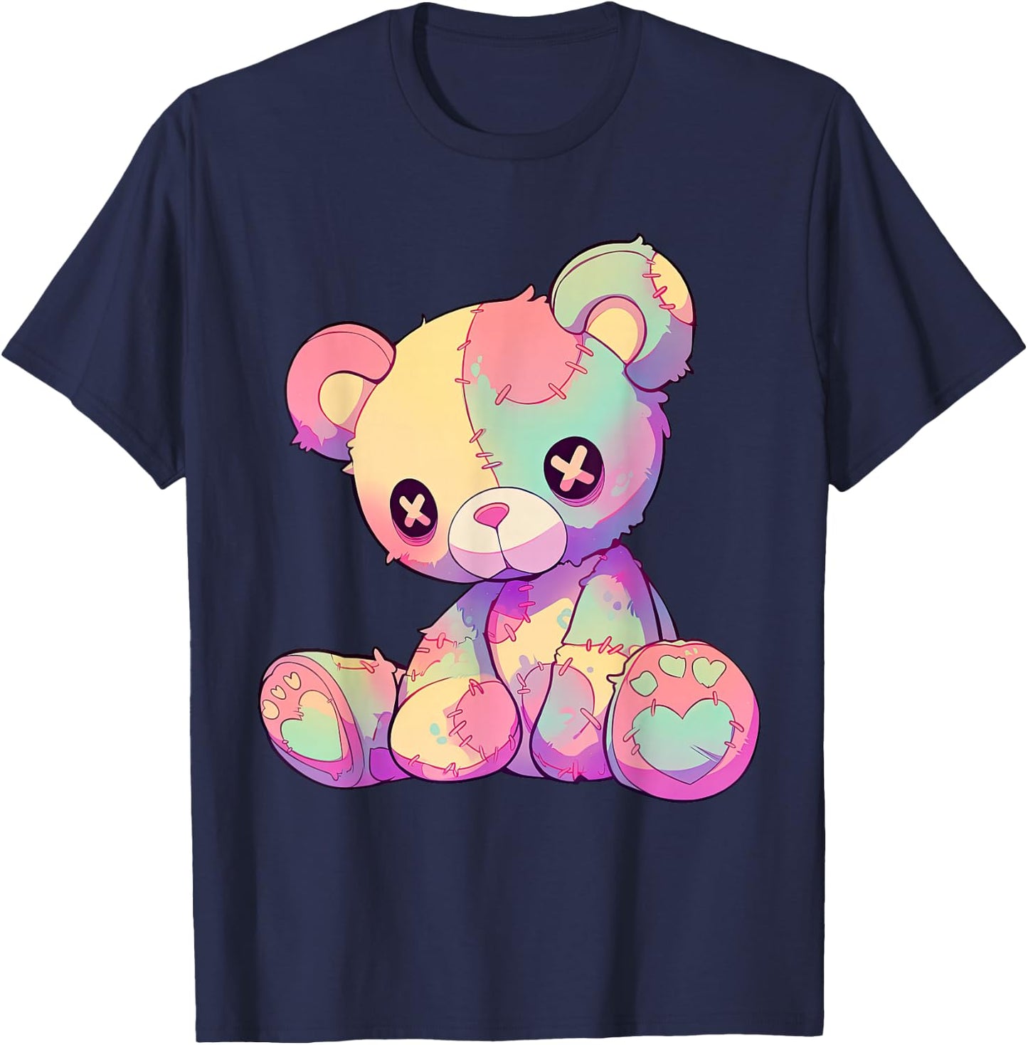 Kawaii Pastel Goth Creepy Cute Witchy Patchwork Teddy Bear T-Shirt - T-Shirt | Navy