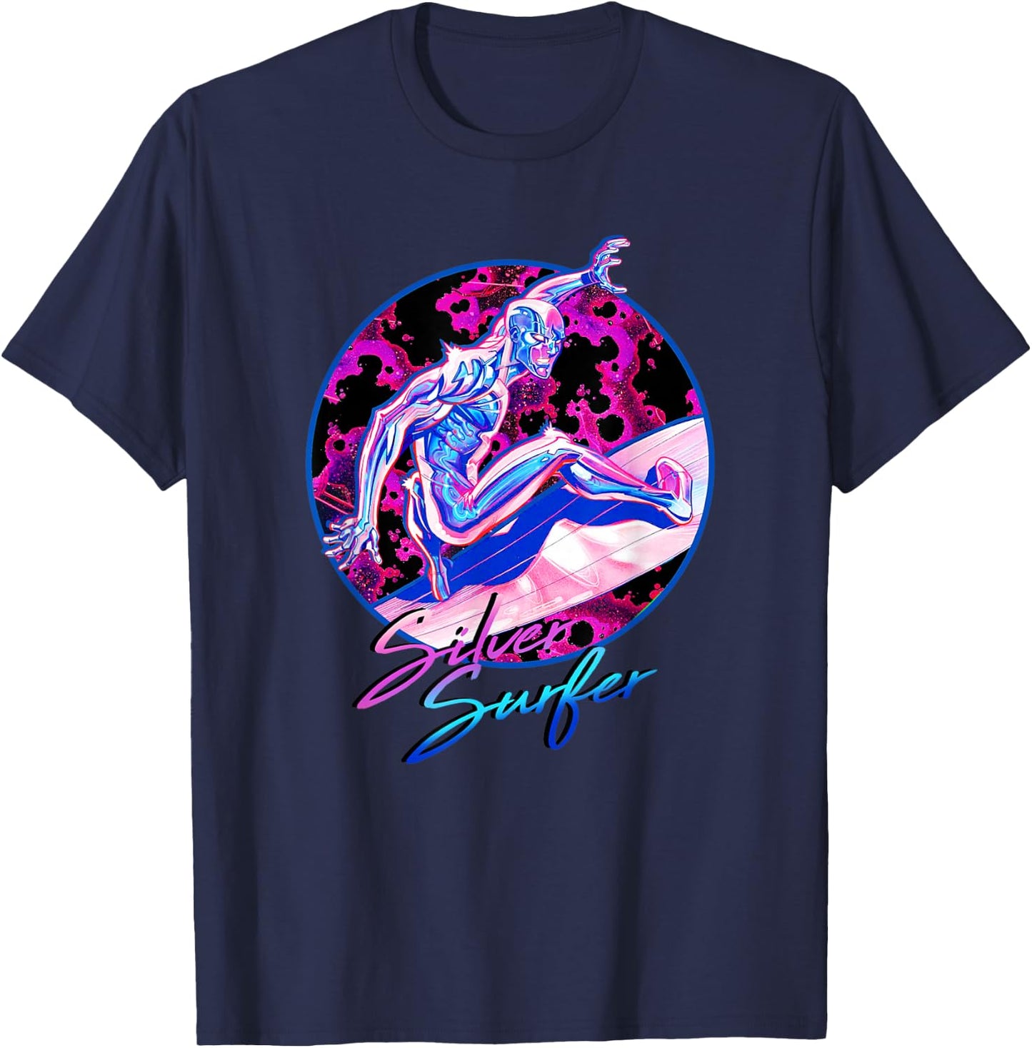 Marvel Fantastic Four Silver Surfer Bright Neon 80s Logo T-Shirt - T-Shirt | Navy