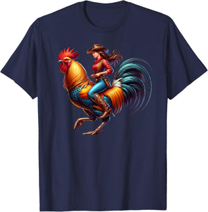 Funny Cowgirl Riding Rooster Country Life Western Girls T-Shirt - T-Shirt | Navy