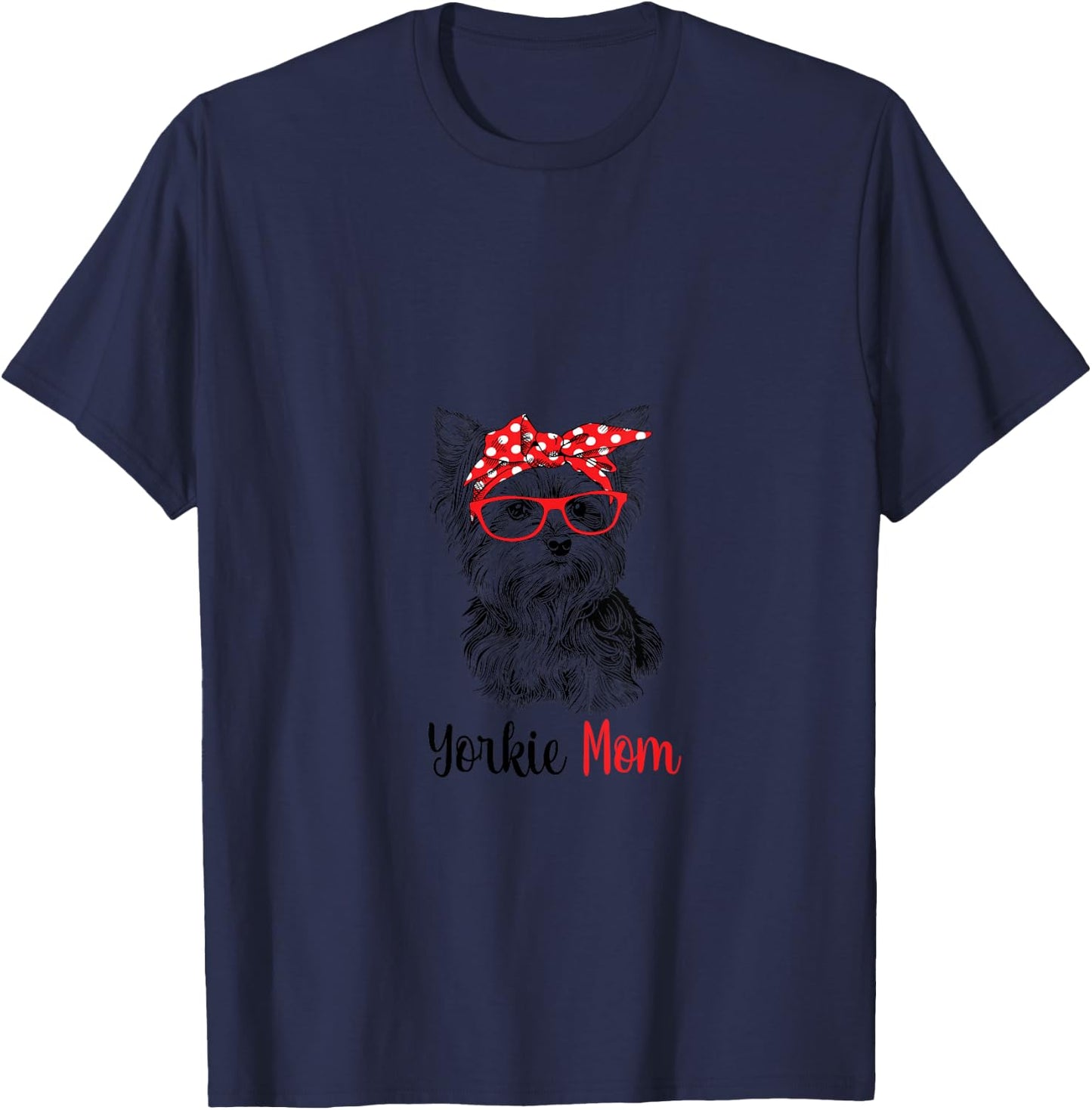 Women's Cute Hipster Red Glasses Yorkie Mom Lover V-Neck T-Shirt - T-Shirt | Navy