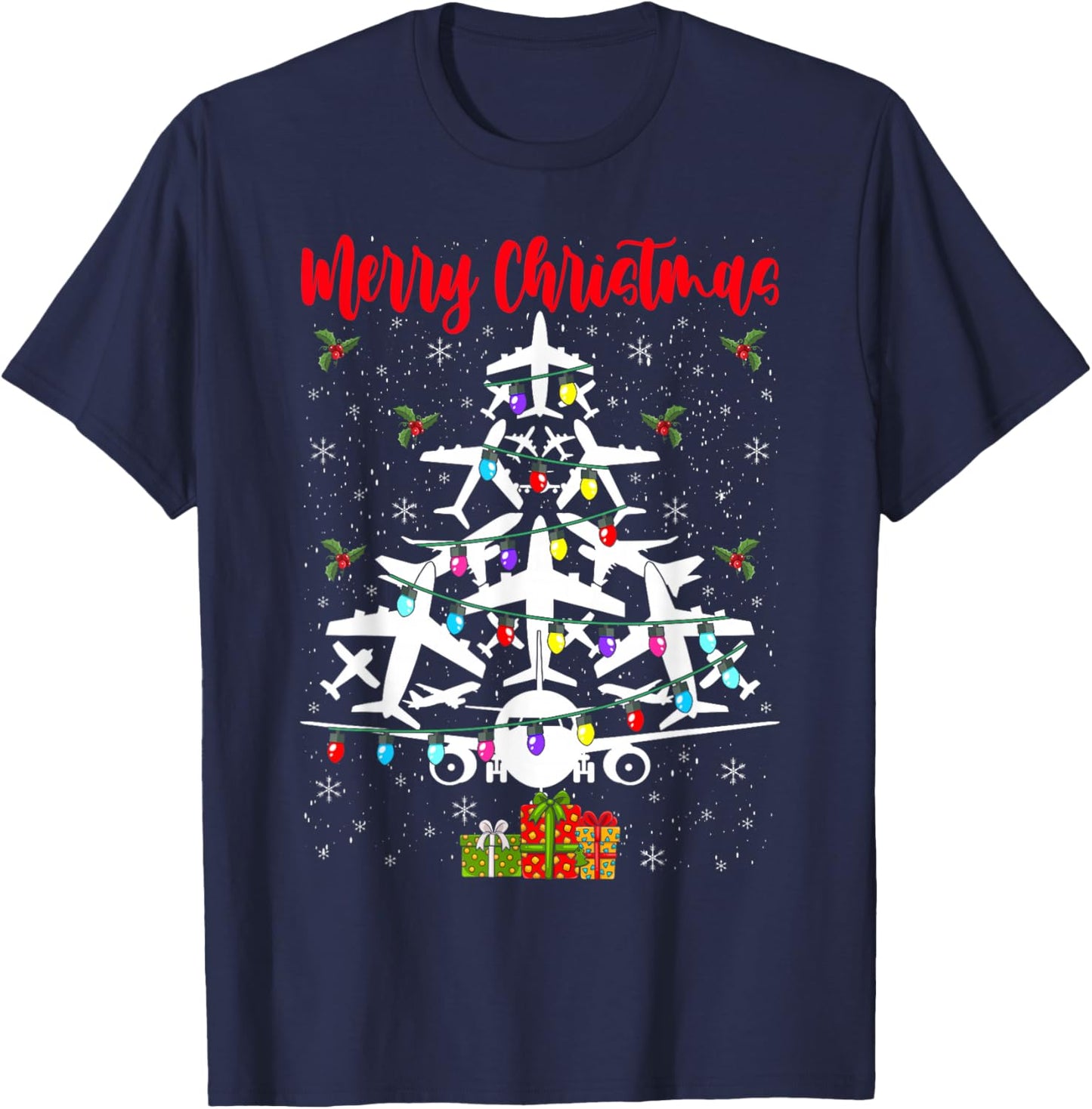 Airplane Christmas Tree Merry Christmas Most Likely Pilot T-Shirt - T-Shirt | Navy