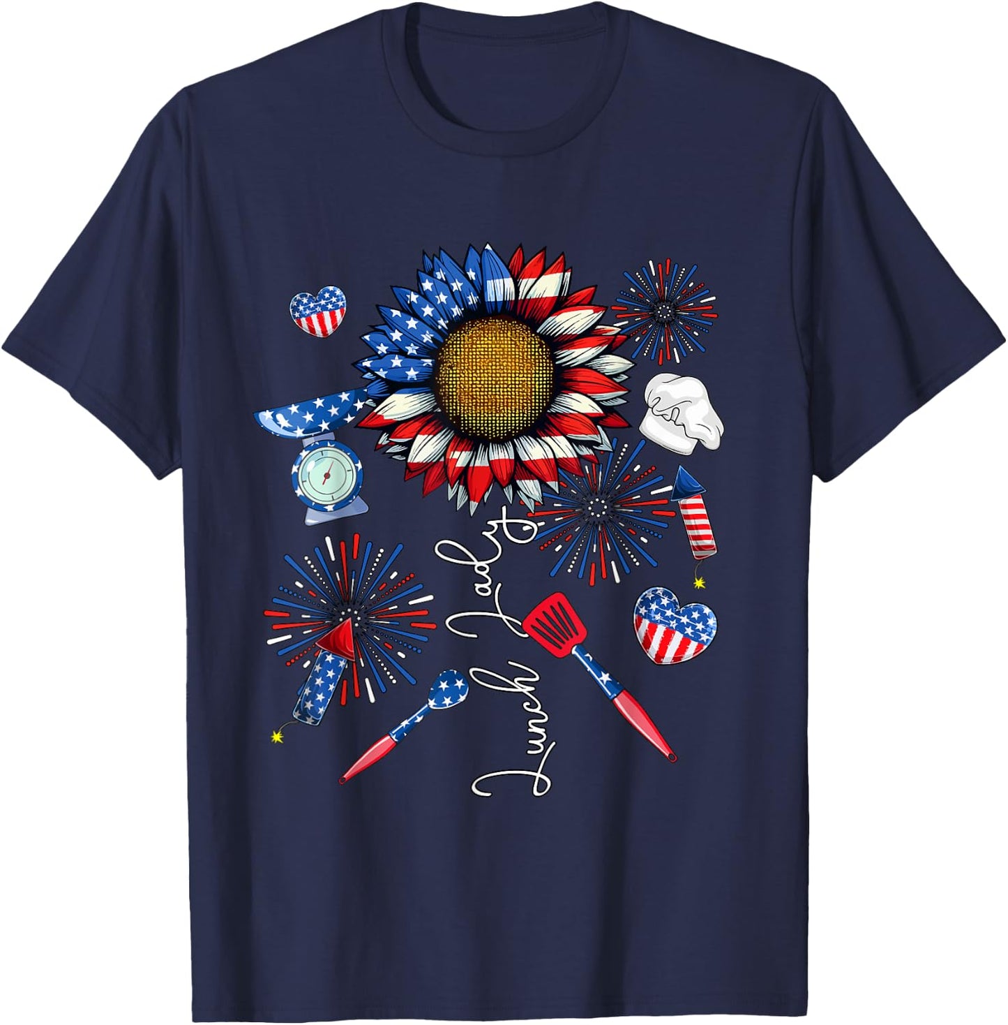 Lunch Lady 4th Of July Sunflower Proud Flag Patriotic Lover T-Shirt - T-Shirt | Navy