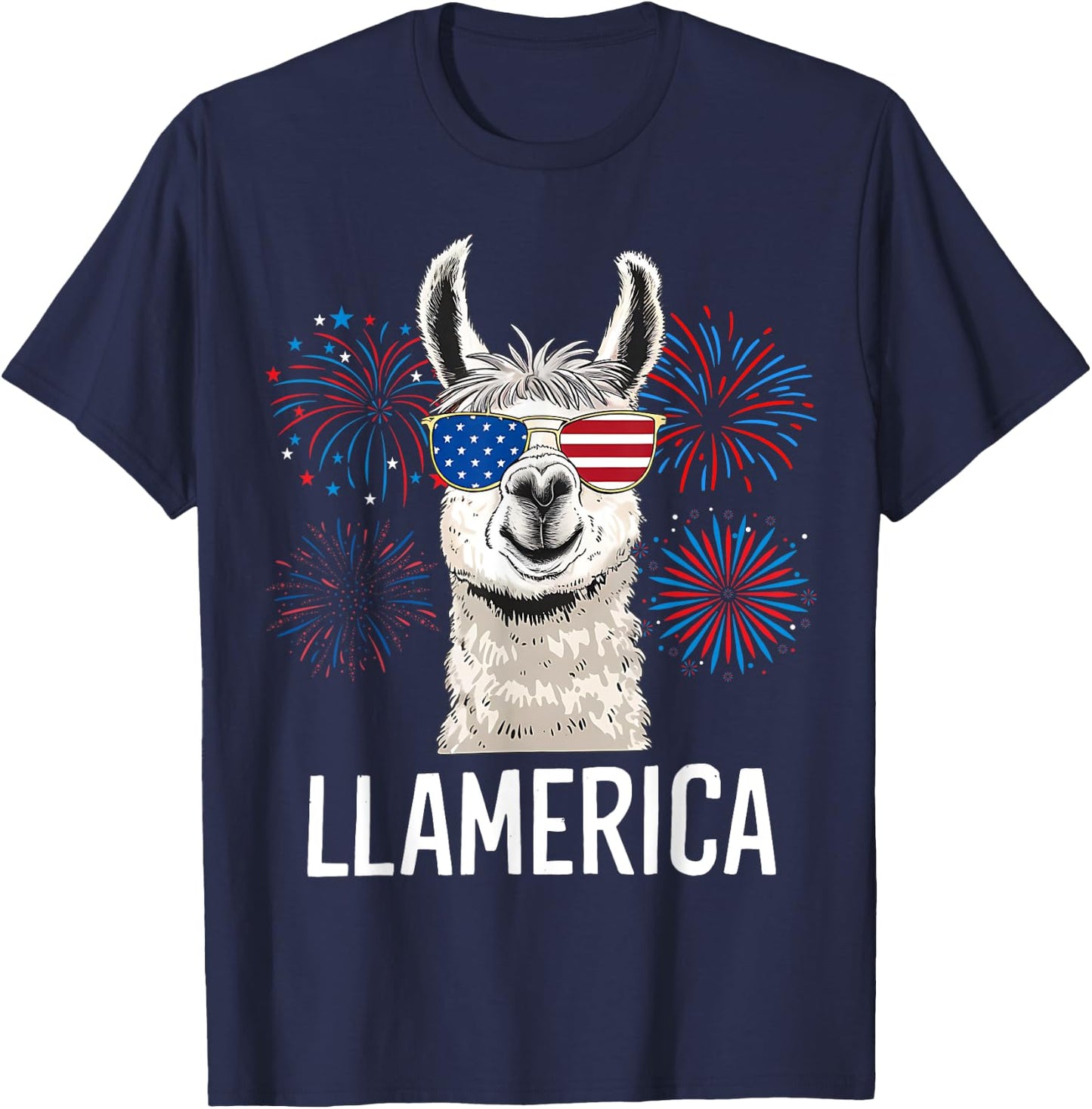 Funny Llamerica Fourth July American Flag Firework Graphic T-Shirt - T-Shirt | Navy