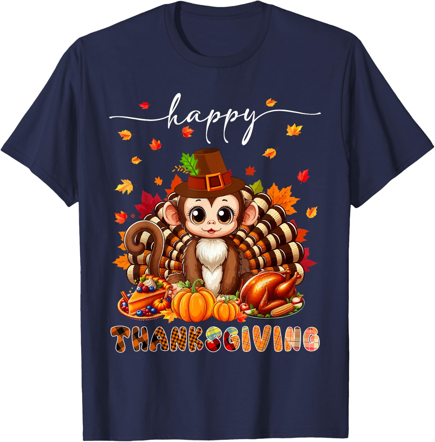 Happy Thanksgiving Monkey Costume Turkey Fall Leaves Food T-Shirt - T-Shirt | Navy