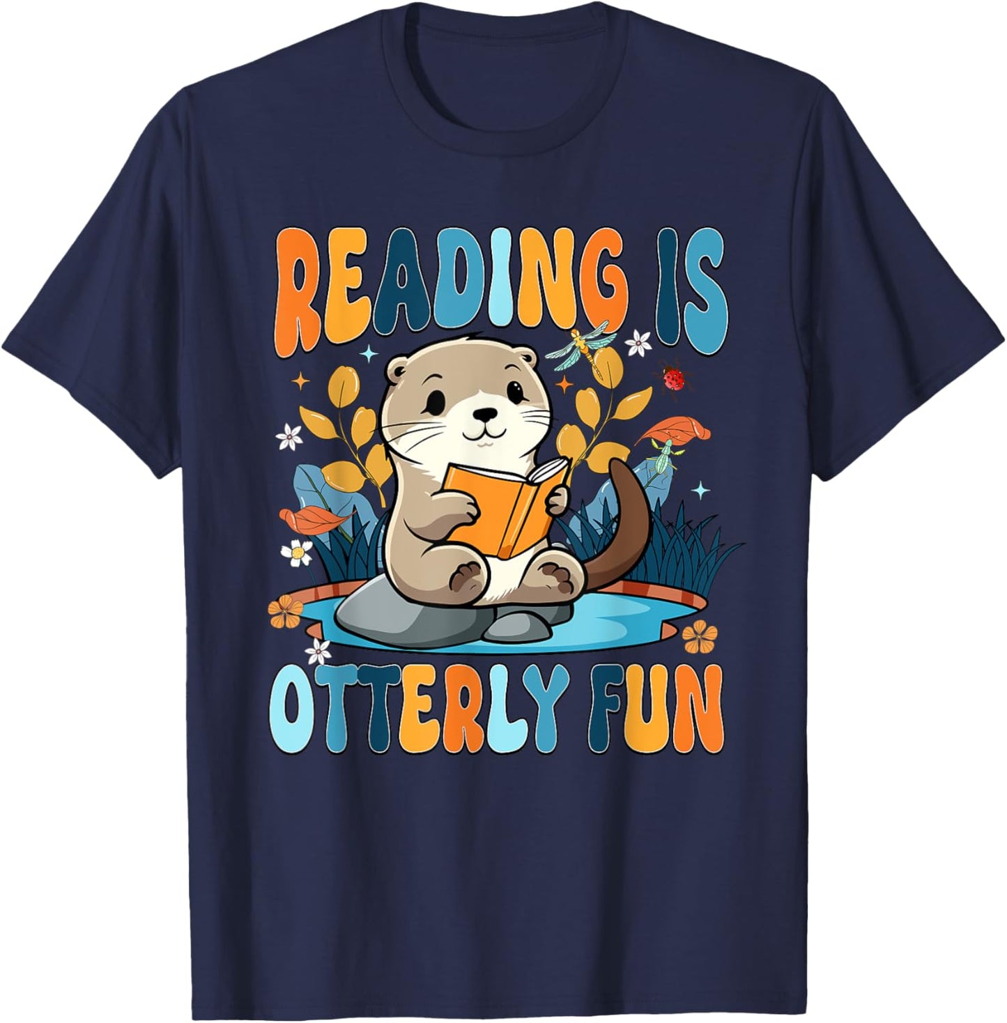 Reading Is Otterly Fun Sea Otter Book Lover Bookworm T-Shirt - T-Shirt | Navy