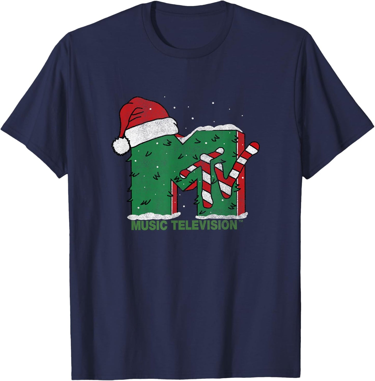 MTV Christmas Vintage Santa Claus & Christmas Tree Logo T-Shirt - T-Shirt | Navy