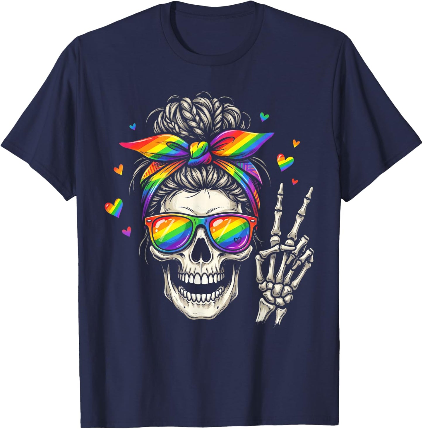 Messy Bun Skull Rainbow Flag LGBT Gay Pride Women Girls T-Shirt - T-Shirt | Navy