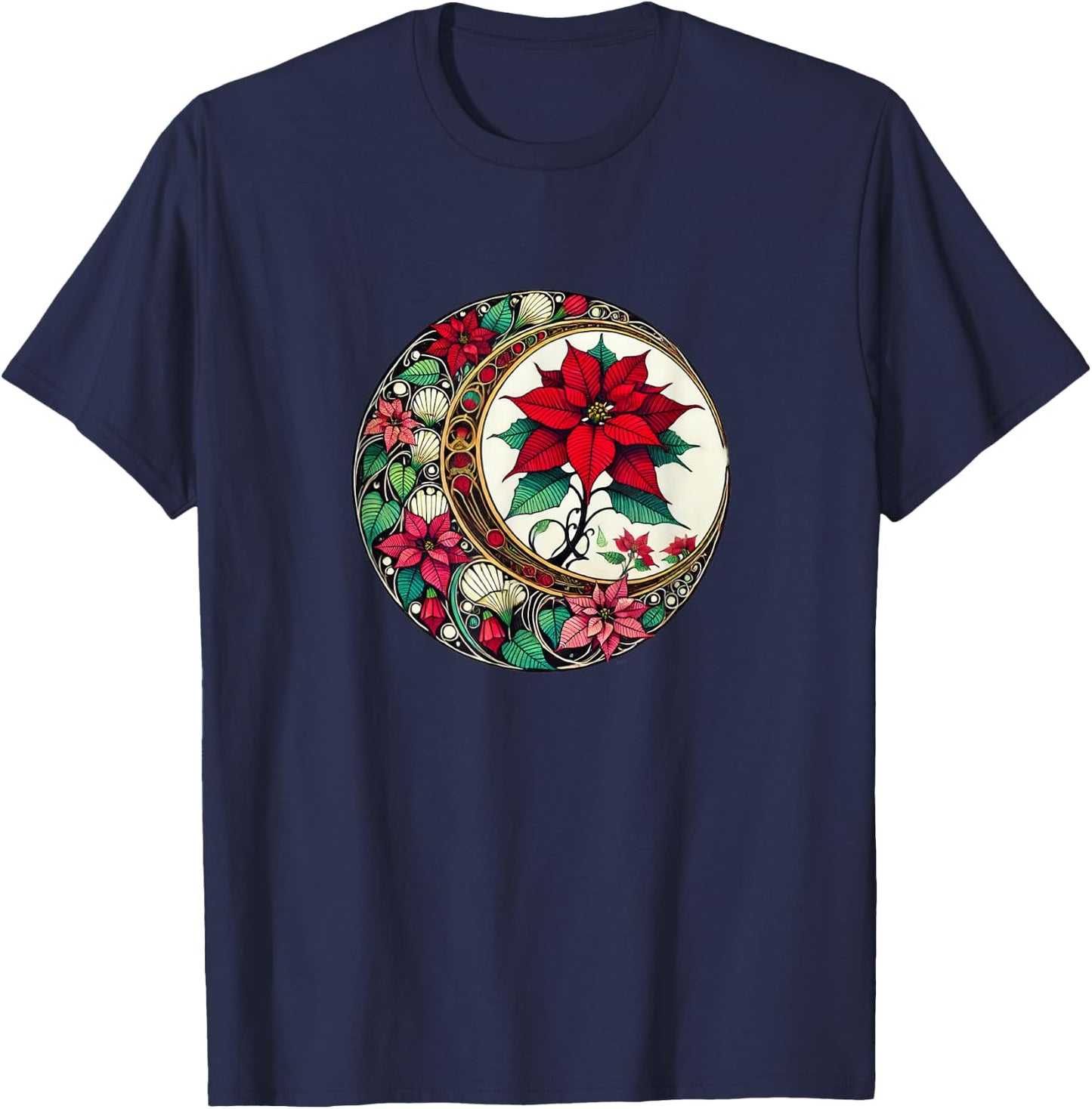 Poinsettia Lovers Snugg Christmas Poinsettias Art Nouveau Poinsettia -Adults Black Small Short Sleeve T-Shirt - T-Shirt | Navy