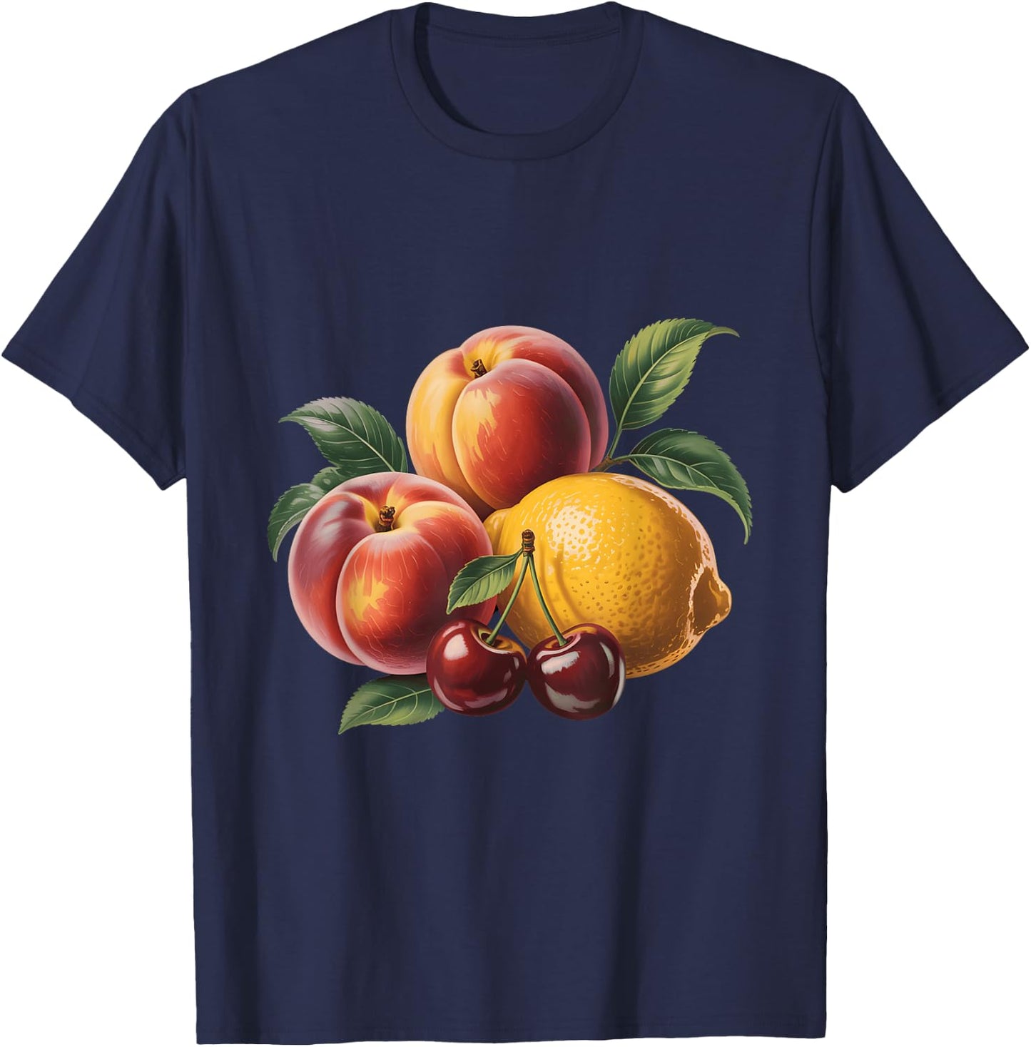 Vintage Fruit Produce Art Peaches Lemons and Cherries T-Shirt - T-Shirt | Navy