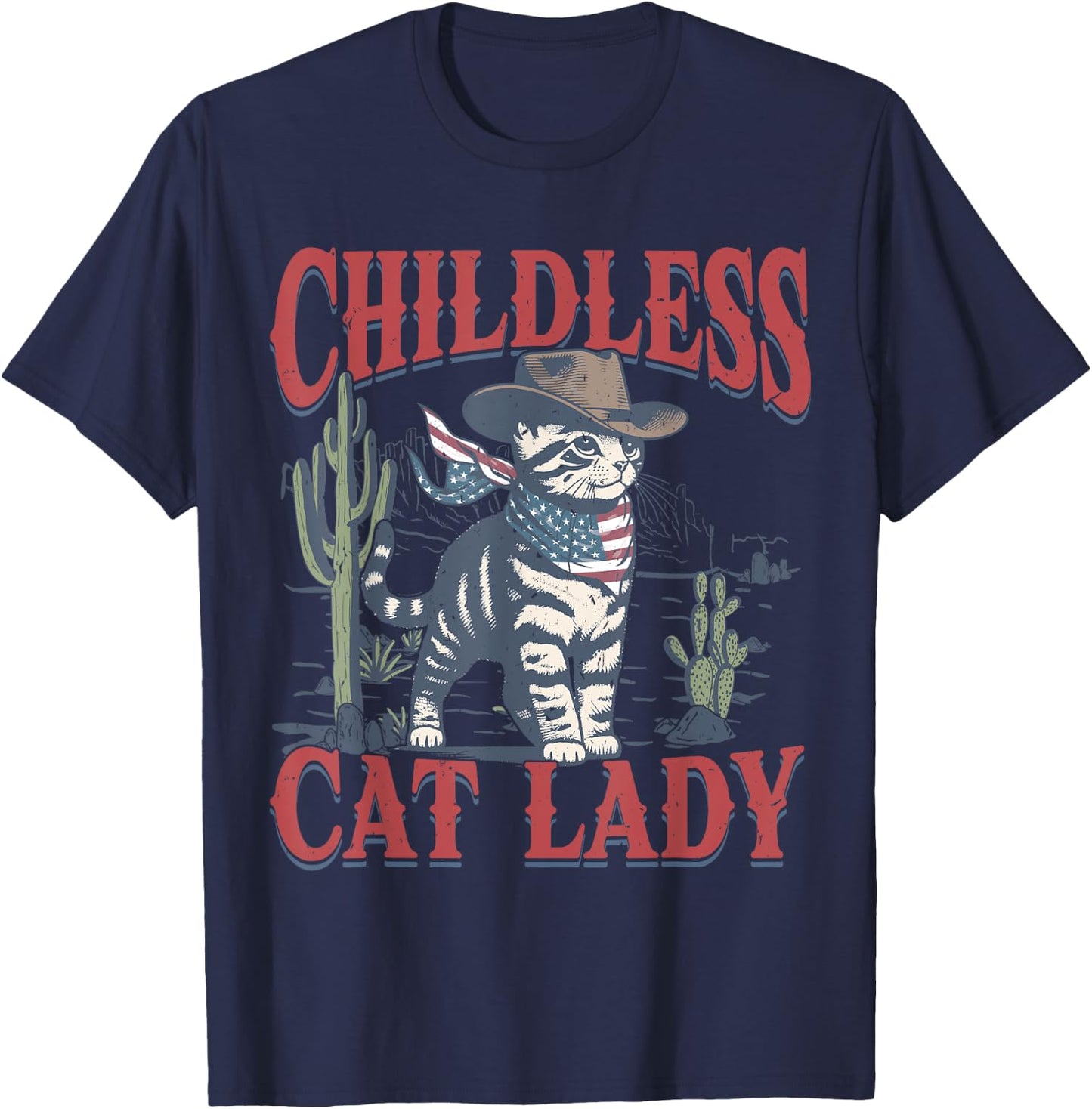 Cowboy Cat Childless Cat Lady For Kamala Election Voting T-Shirt - T-Shirt | Navy