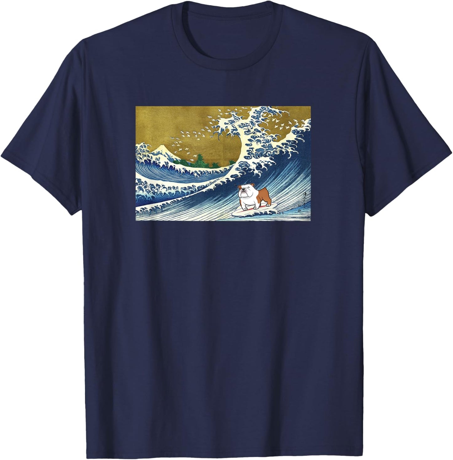 Funny Kids Cartoon Surfing a Great Wave English Bulldog T-Shirt - T-Shirt | Navy