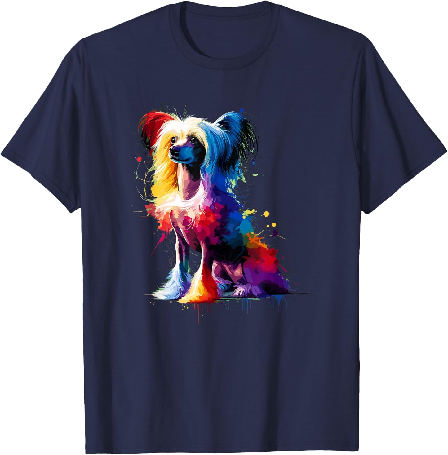 Colorful Splash Art Chinese Crested Dog Crestie T-Shirt - T-Shirt | Navy