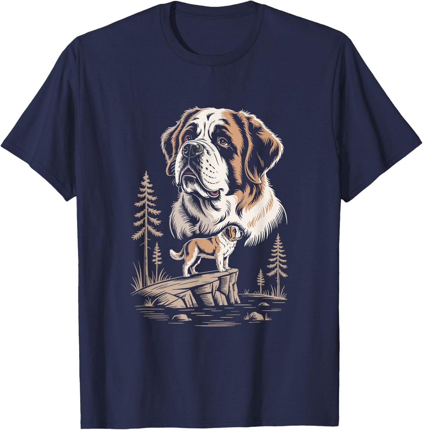 Majestic Saint Bernard Dog Mountain Lake Scene T-Shirt - T-Shirt | Navy
