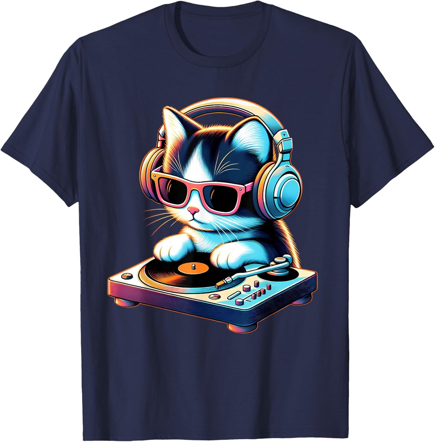 DJ Kitten Turntable Music Vibe Cat Cool Modern Playful Art T-Shirt - T-Shirt | Navy