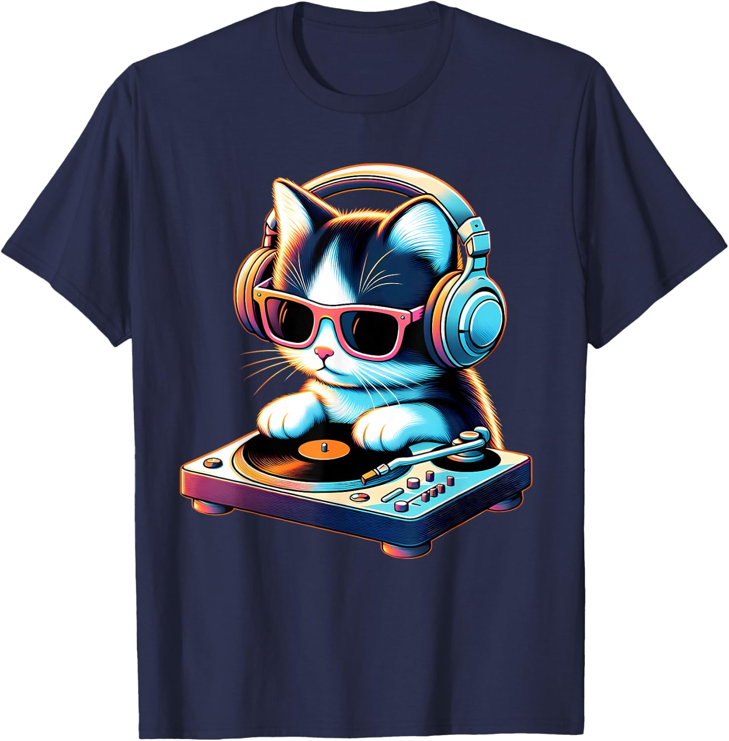 DJ Kitten Turntable Music Vibe Cat Cool Modern Playful Art T-Shirt - T-Shirt | Navy