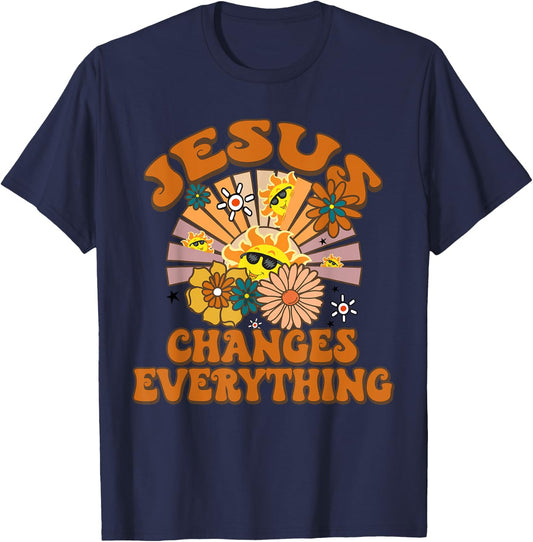 Jesus Changes Everything Funny Christian Retro Groovy Boho T-Shirt - T-Shirt | Navy