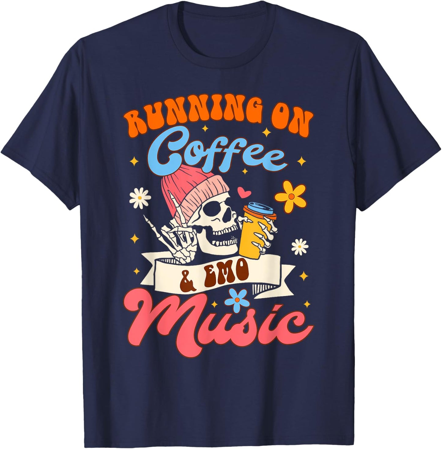 Coffee Lover Caffeinated Running On Coffee & Emo Music T-Shirt - T-Shirt | Navy