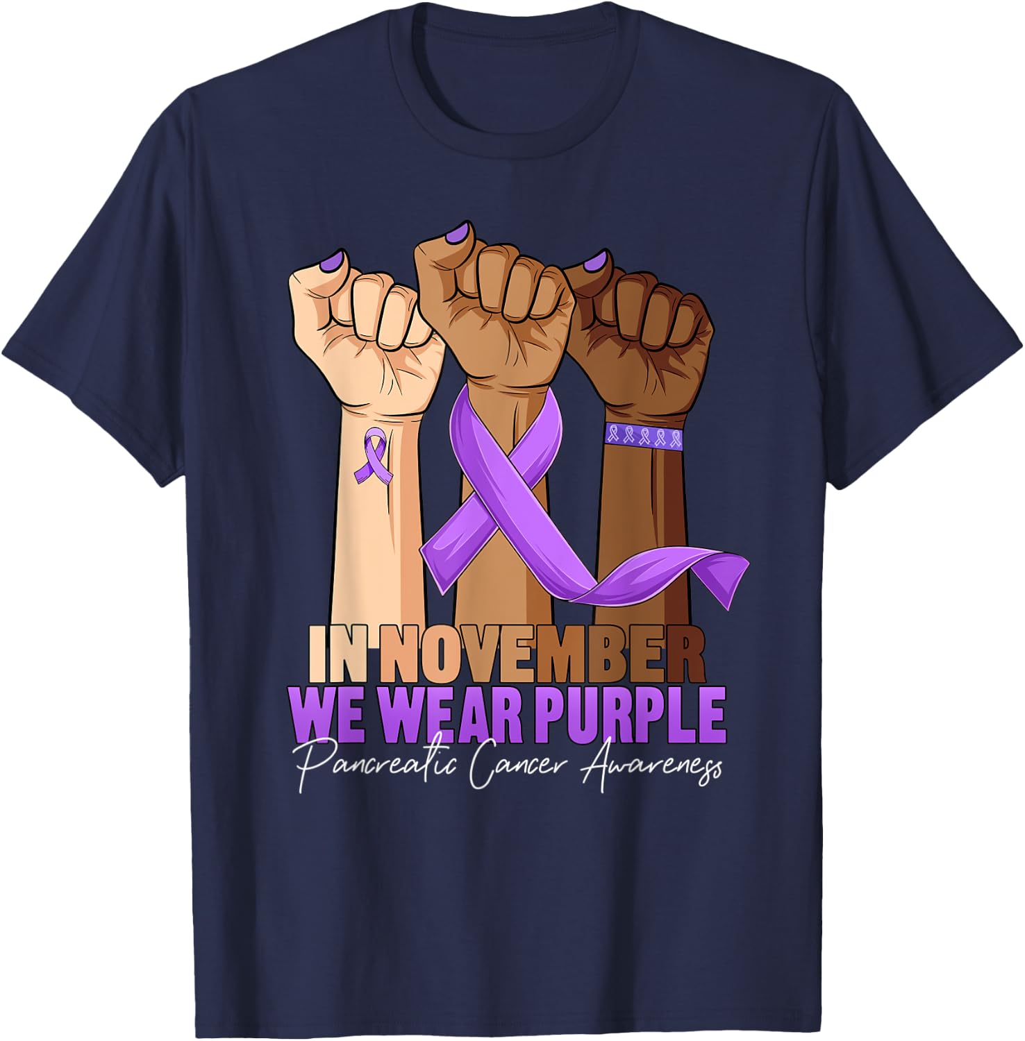 Hand November Wear Purple Ribbon Pancreatic Cancer Awareness T-Shirt - T-Shirt | Navy