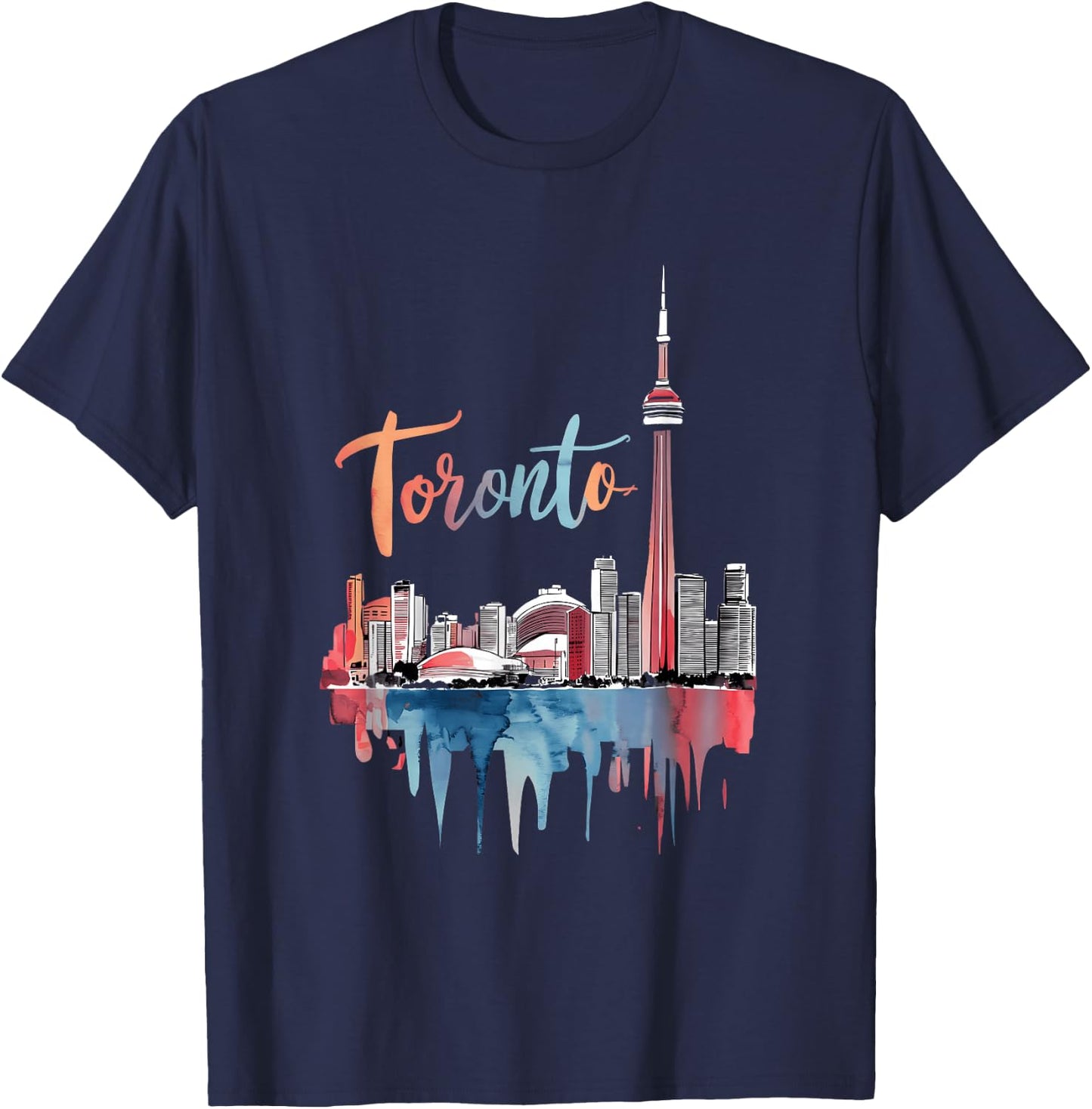 Toronto Watercolor Skyline with CN Tower Vibrant Cityscape T-Shirt - T-Shirt | Navy