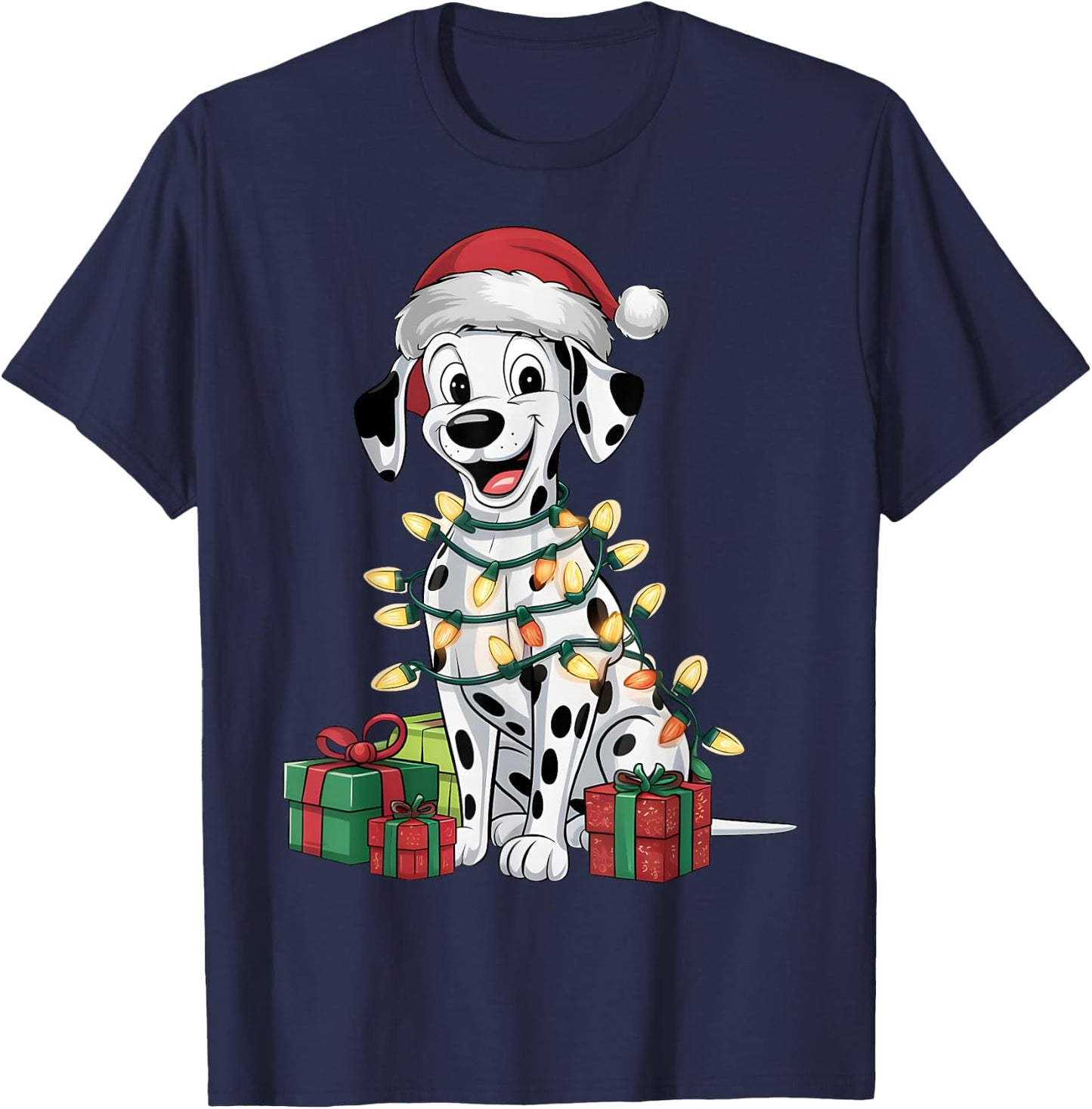 Dalmatian Xmas Lighting Santa Hat Dalmatian Dog Christmas Men Women Kids T-Shirt - T-Shirt | Navy