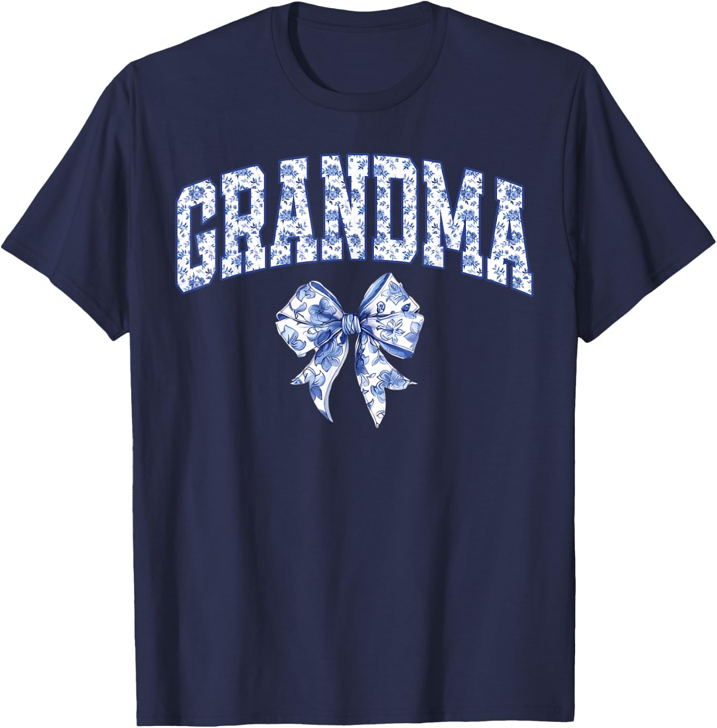 Grandma Coquette Toile Blue Bow Floral Family Matching T-Shirt - T-Shirt | Navy