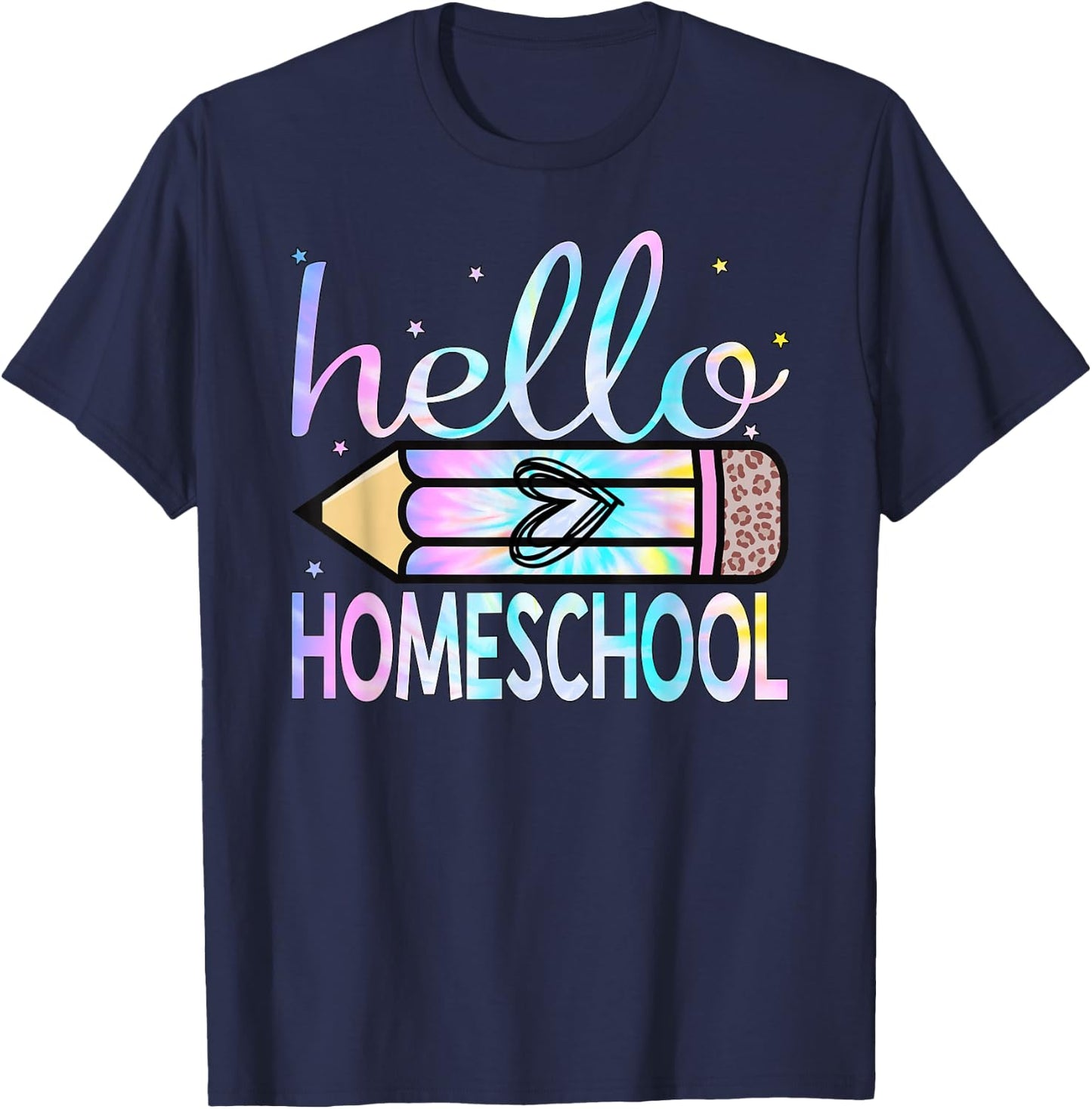 Back To School Hello Homeschool Leopard Tie Dye Pencil T-Shirt - T-Shirt | Navy