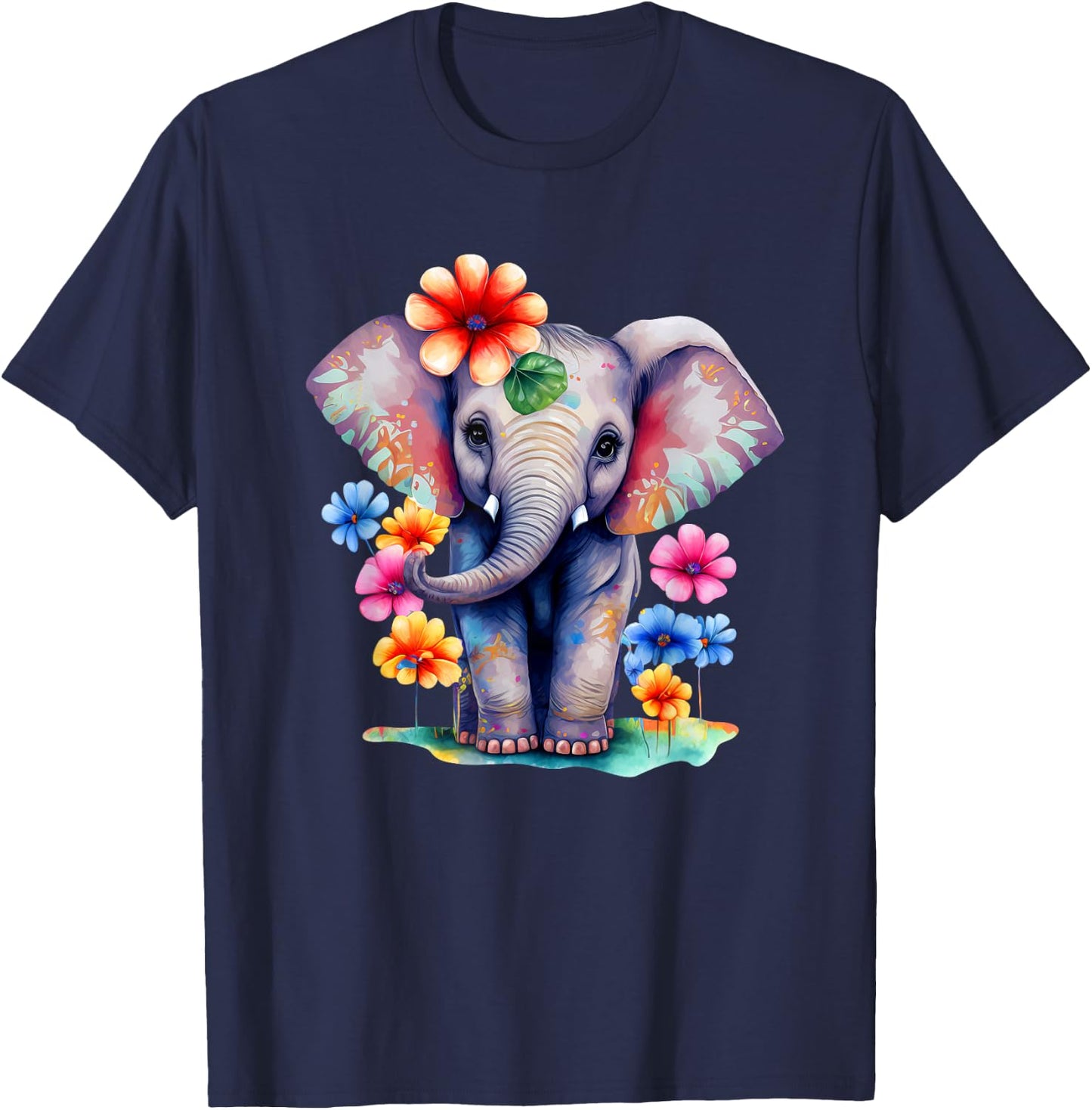 Baby Elephant With Flowers Design For Girls Women Kids T-Shirt - T-Shirt | Navy