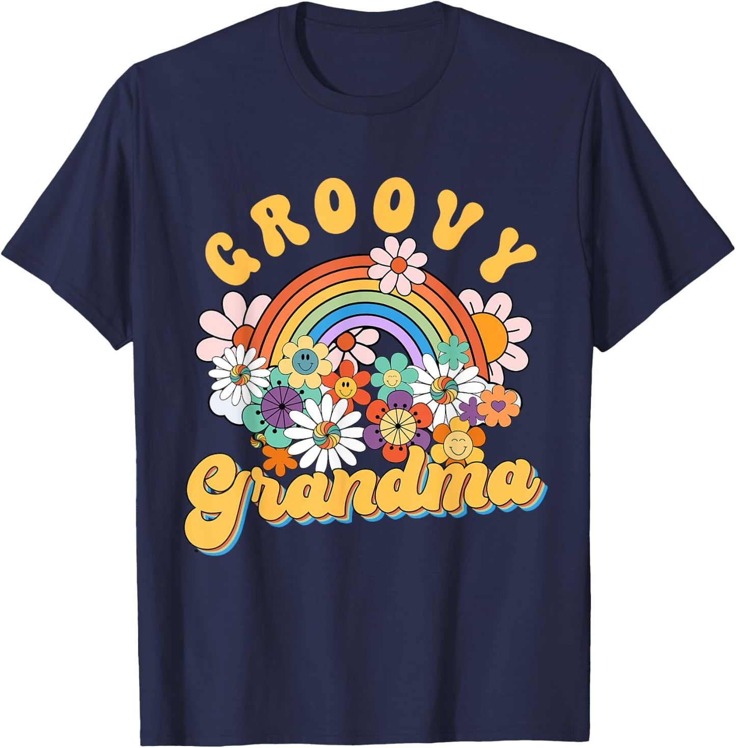 Groovy Grandma Rainbow Colorful Flowers Mother's Day T-Shirt - T-Shirt | Navy