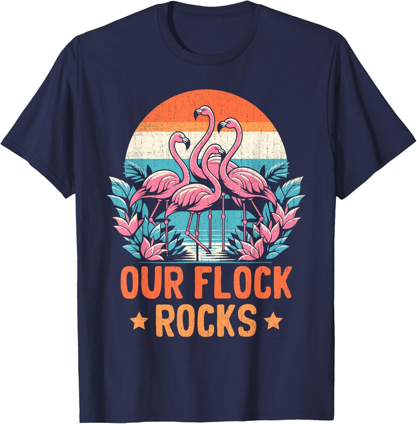 Our Flock Rocks Flamingos Lover Family Vacation Group T-Shirt - T-Shirt | Navy