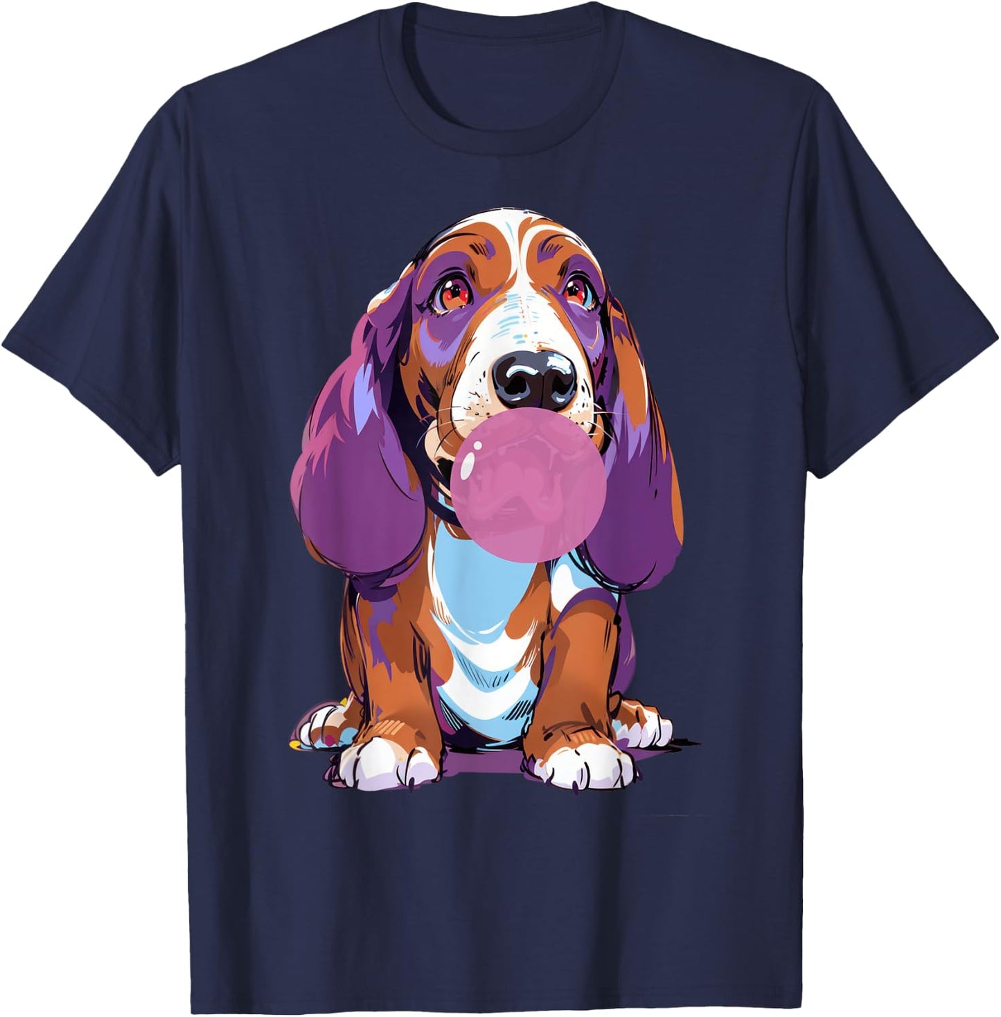 Basset Hound Blowing Bubblegum Playful Design T-Shirt - T-Shirt | Navy