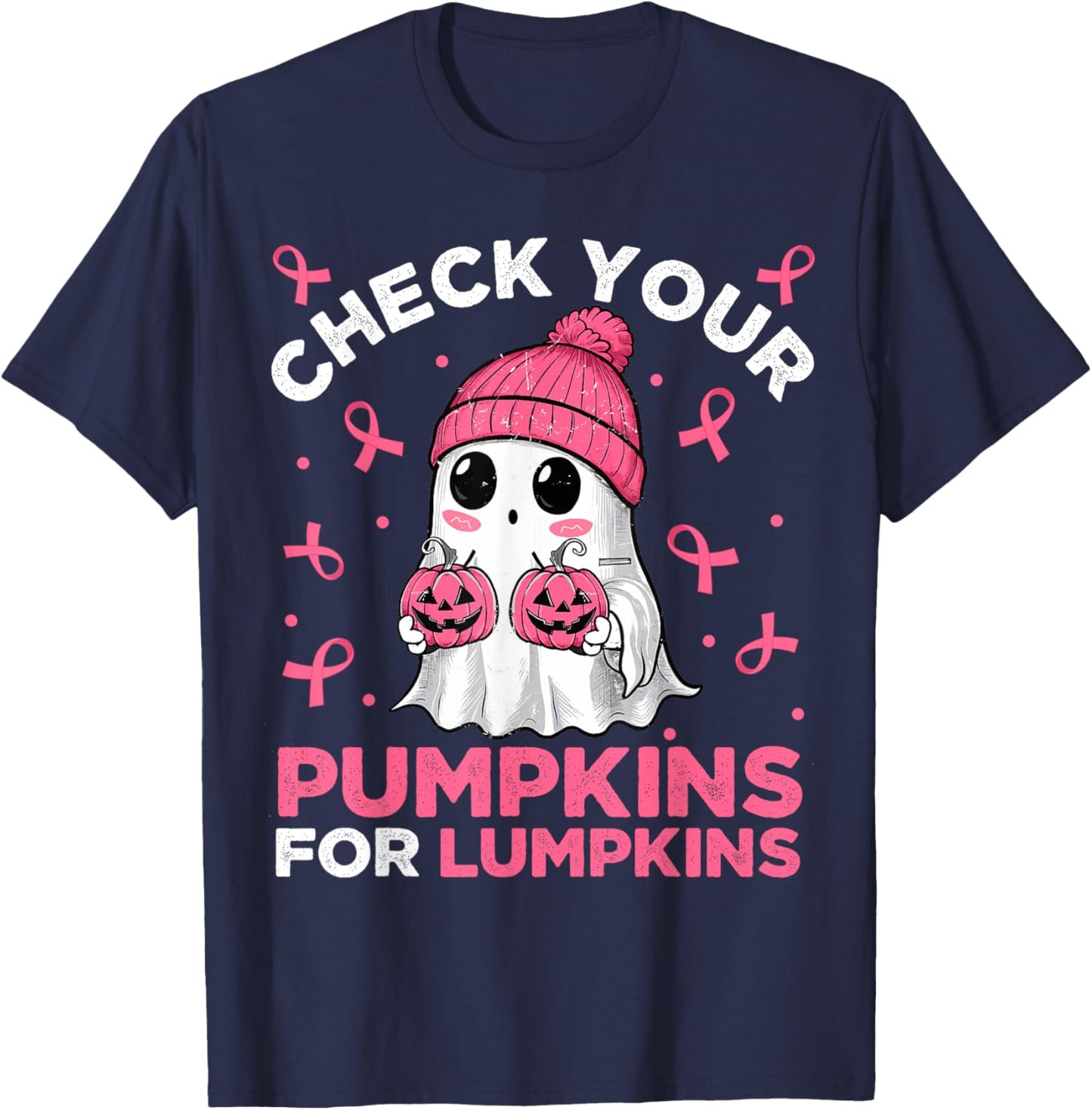 Breast Cancer Halloween Boo Ghost Check Your Pumpkins T-Shirt - T-Shirt | Navy