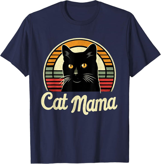 Cat Mama Cool Black Cat Mother's Day Retro Cat Mom T-Shirt - T-Shirt | Navy