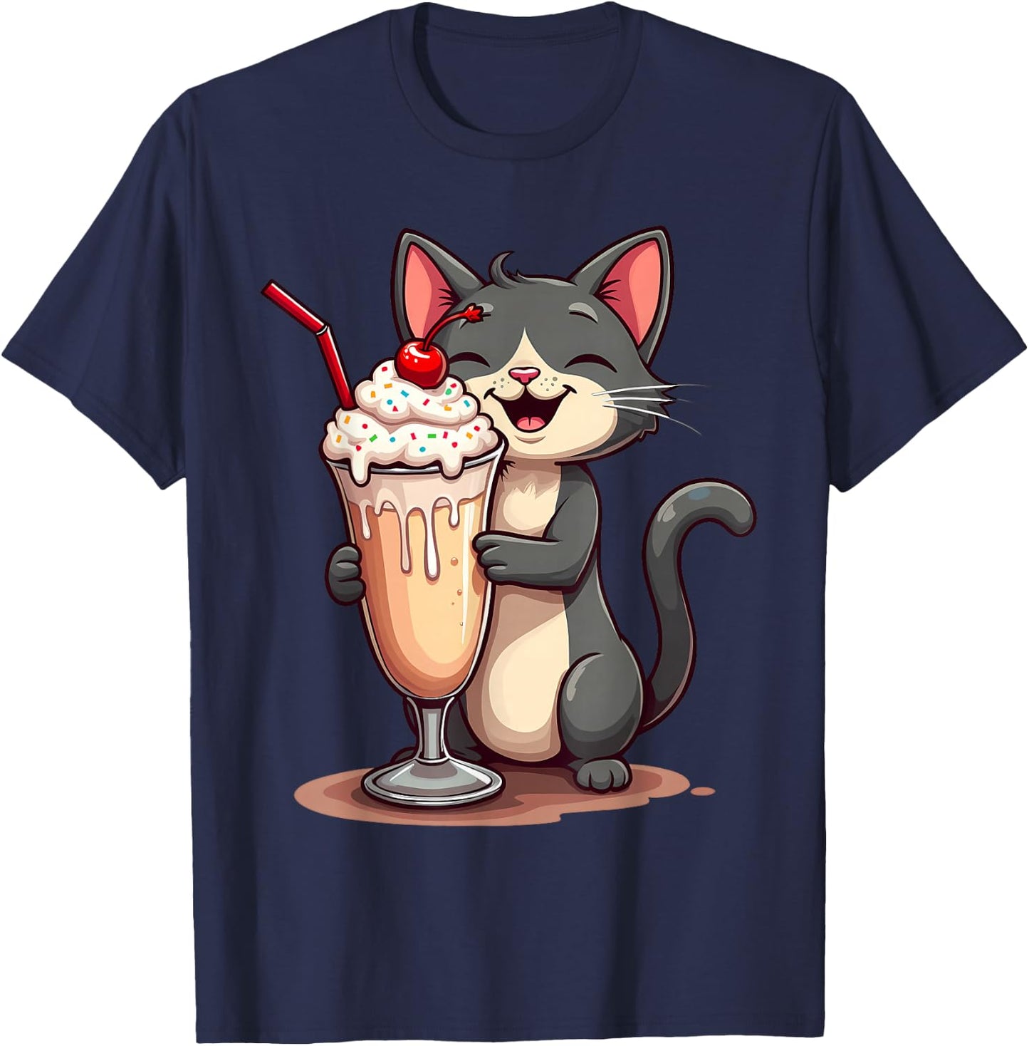 Kawaii Cat Shirt Milkshake Cute Kawaii Teen Kids Girls Women T-Shirt - T-Shirt | Navy