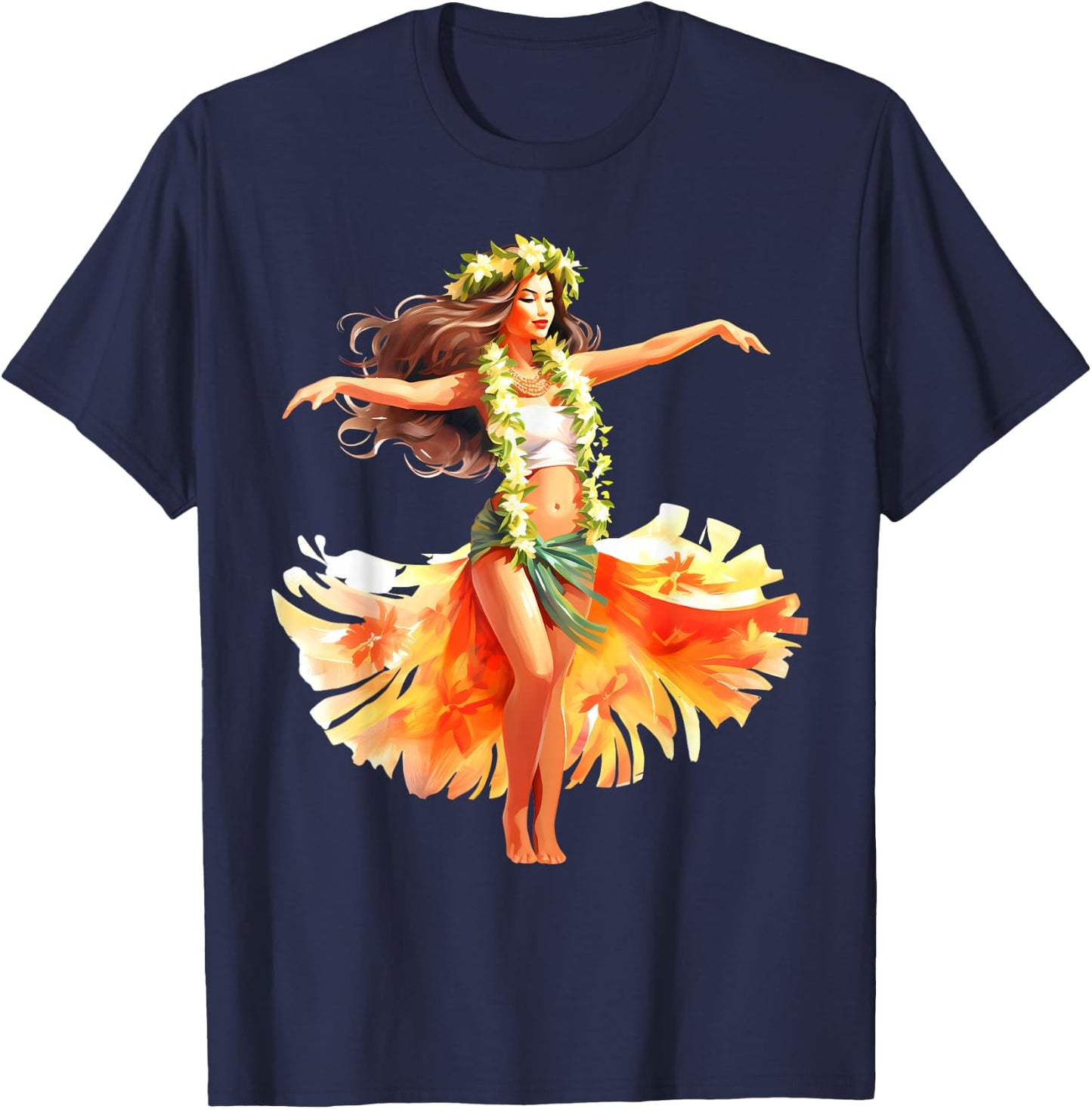 Hula Pin-Up Girl x Pretty Hawaiian Girl Watercolor T-Shirt - T-Shirt | Navy