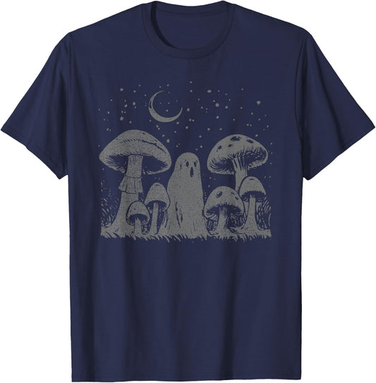Halloween Mushroom Ghost Vintage Grunge 90 Aesthetic Graphic T-Shirt - T-Shirt | Navy