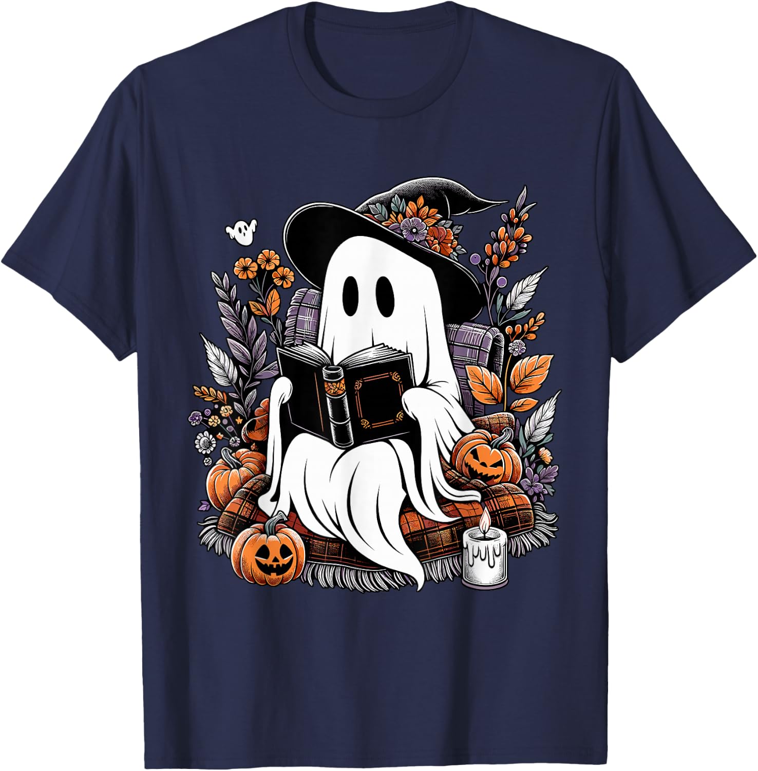 Ghost Reading Books Pumpkin Halloween T-Shirt - T-Shirt | Navy