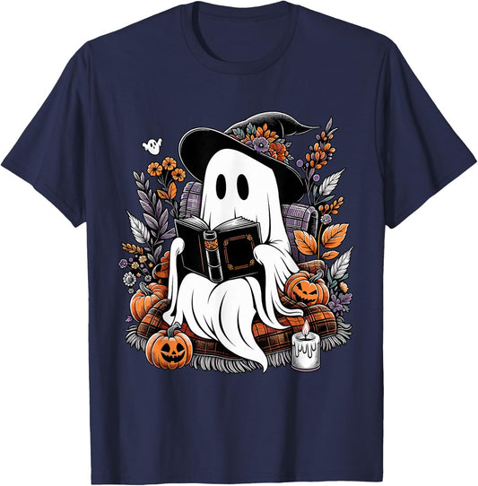 Ghost Reading Books Pumpkin Halloween T-Shirt - T-Shirt | Navy